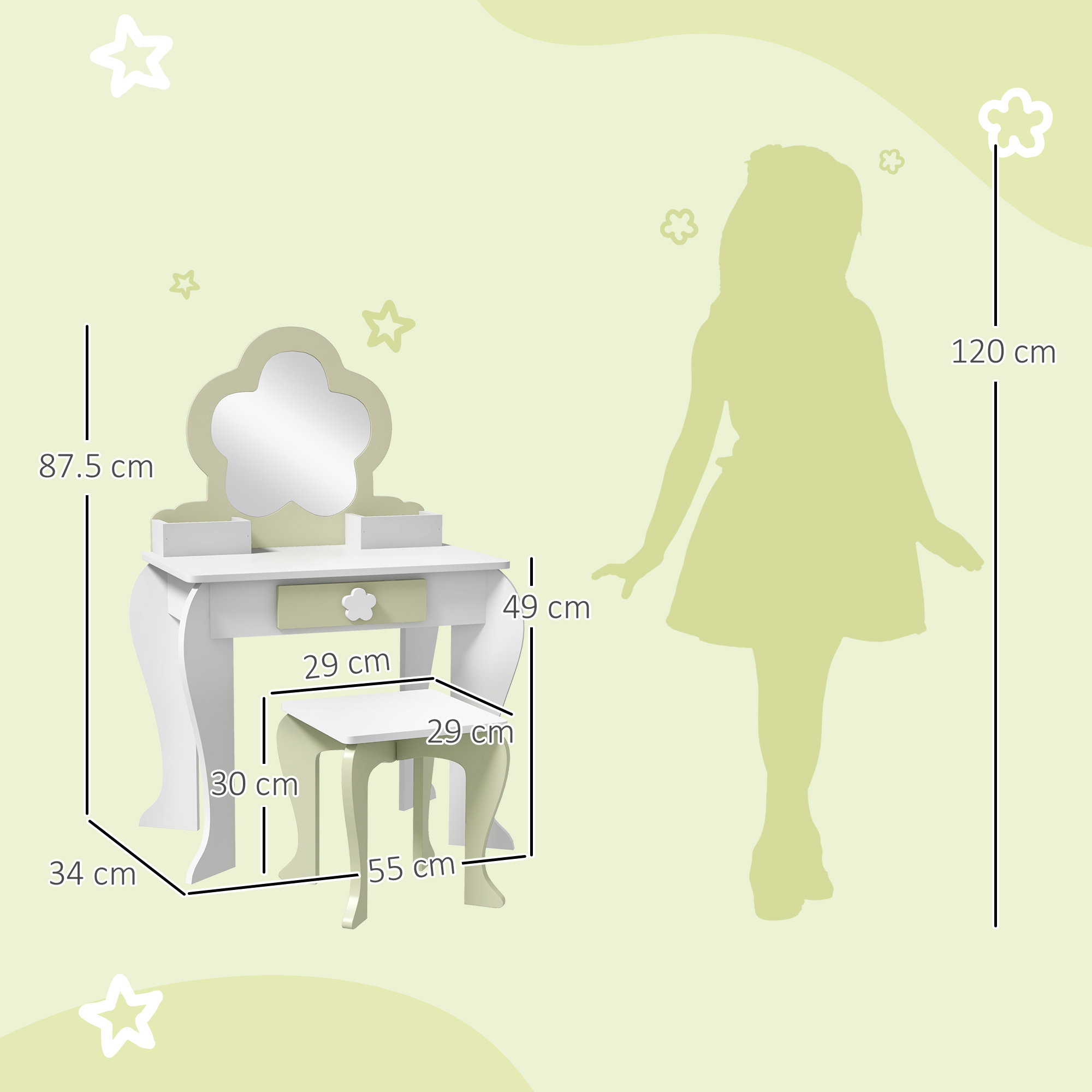 ZONEKIZ Kids Vanity Table with Mirror and Stool, Drawer, Storage Boxes, Beauty Flower Design, for 3-6 Years Old, White