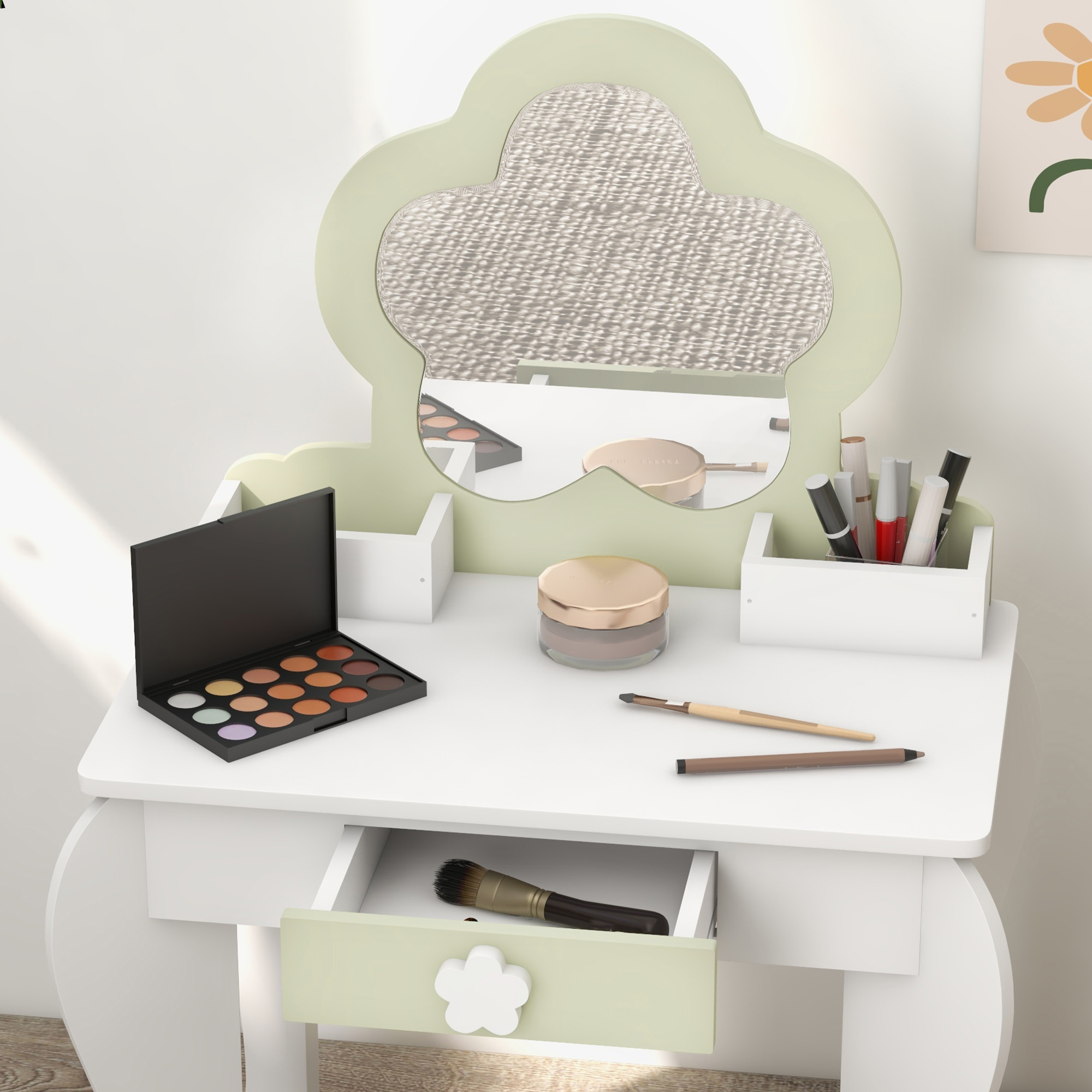 ZONEKIZ Kids Vanity Table with Mirror and Stool, Drawer, Storage Boxes, Beauty Flower Design, for 3-6 Years Old, White