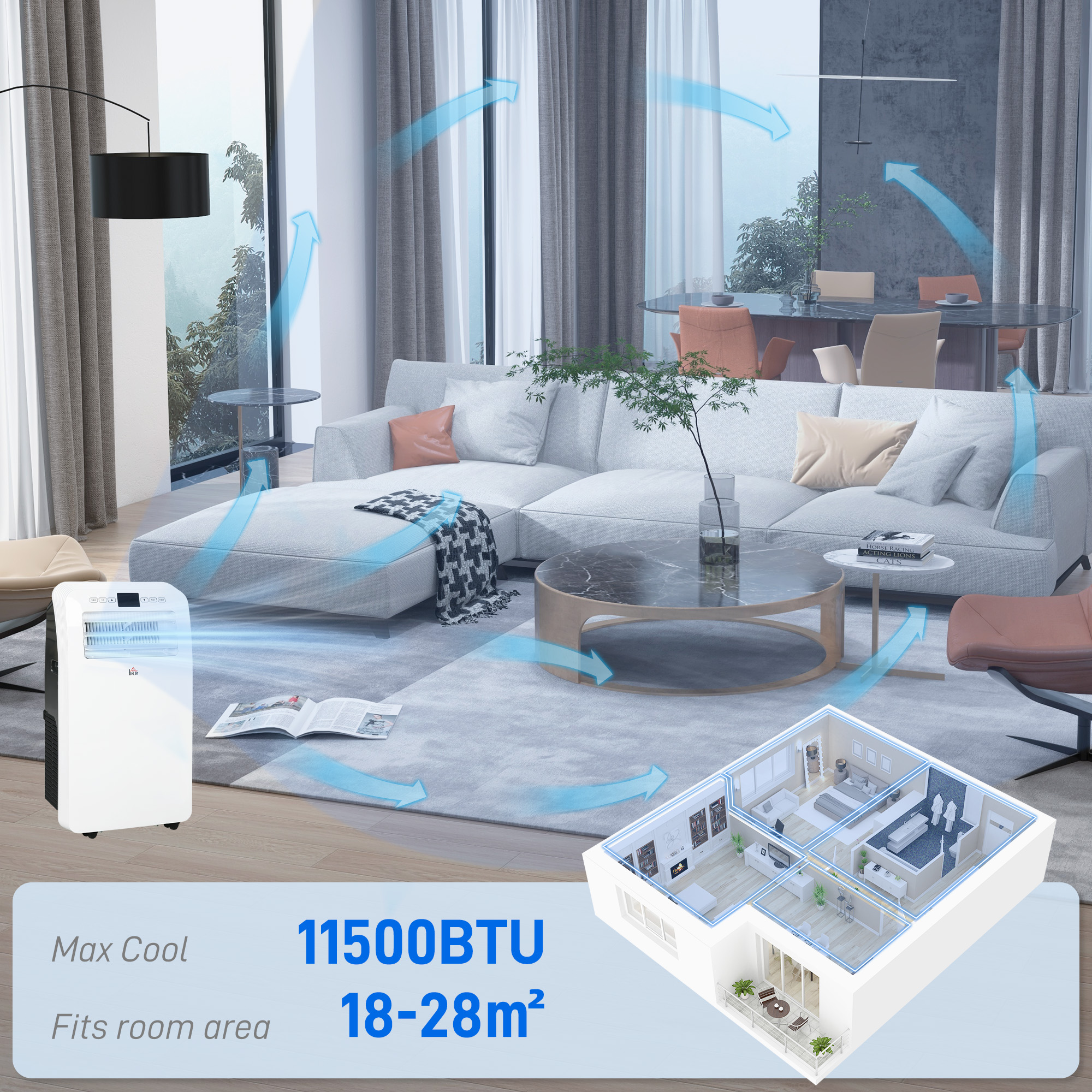 HOMCOM 12000 BTU Portable Air Conditioner, 3-in-1 Air Conditioning Unit, Dehumidifier, Cooling Fan with Remote Control, Digital Display, 3 Speeds, 24H Timer On/Off, Window Venting Kit, 28mÂ²