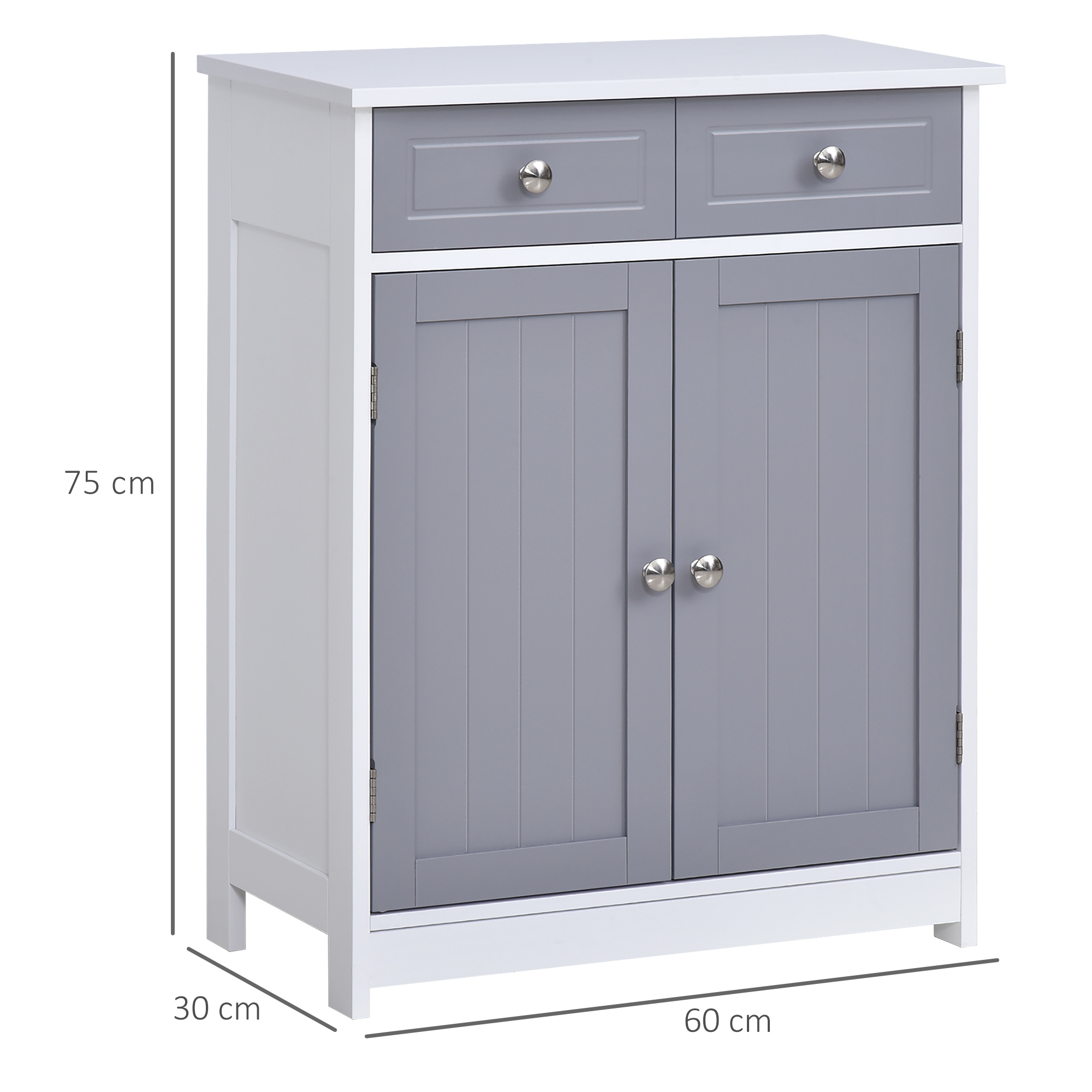 Kleankin Freestanding Bathroom Storage Unit with 2 Drawers, Adjustable Shelf, and Metal Handles, 75x60cm, Grey and White