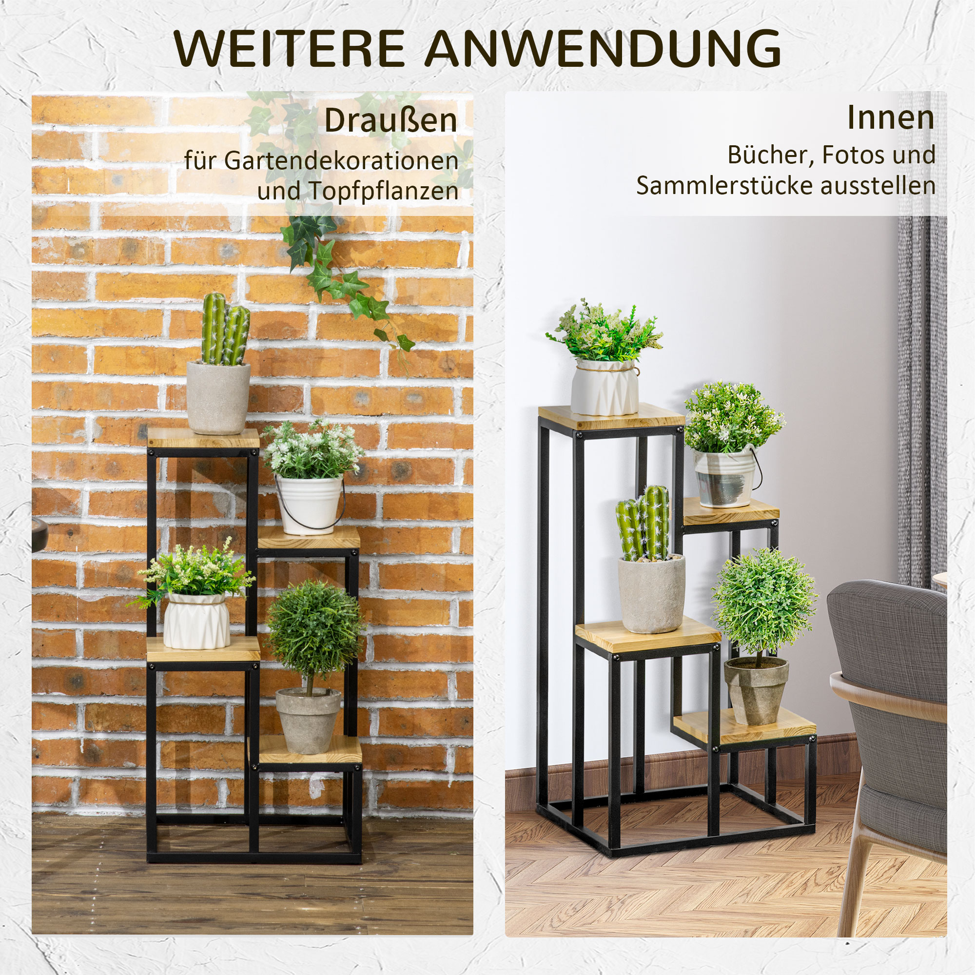 Outsunny Plantenrek met 3 etages en latwerk, metalen plantenstandaard, voor binnen en buiten, 60