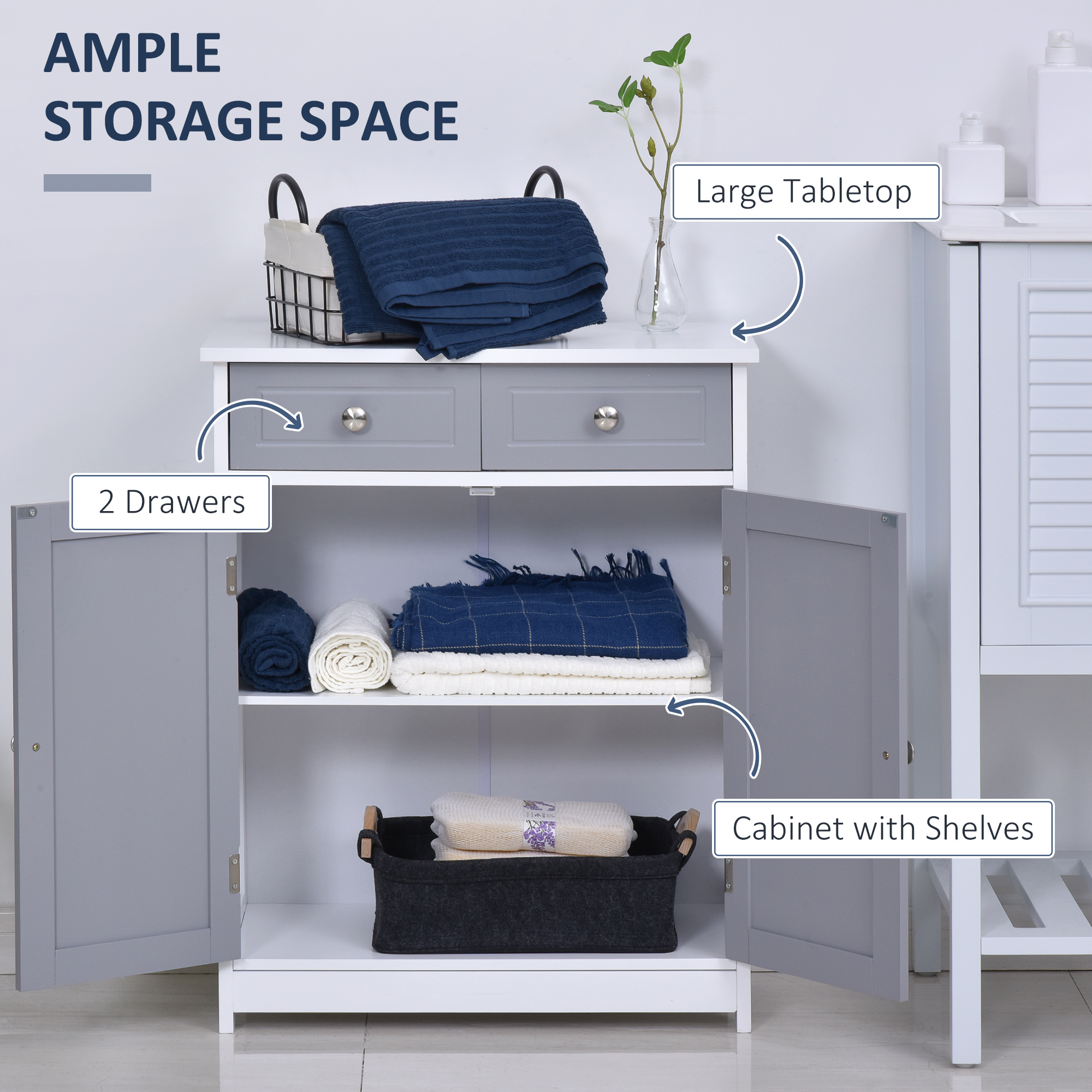 Kleankin Freestanding Bathroom Storage Unit with 2 Drawers, Adjustable Shelf, and Metal Handles, 75x60cm, Grey and White