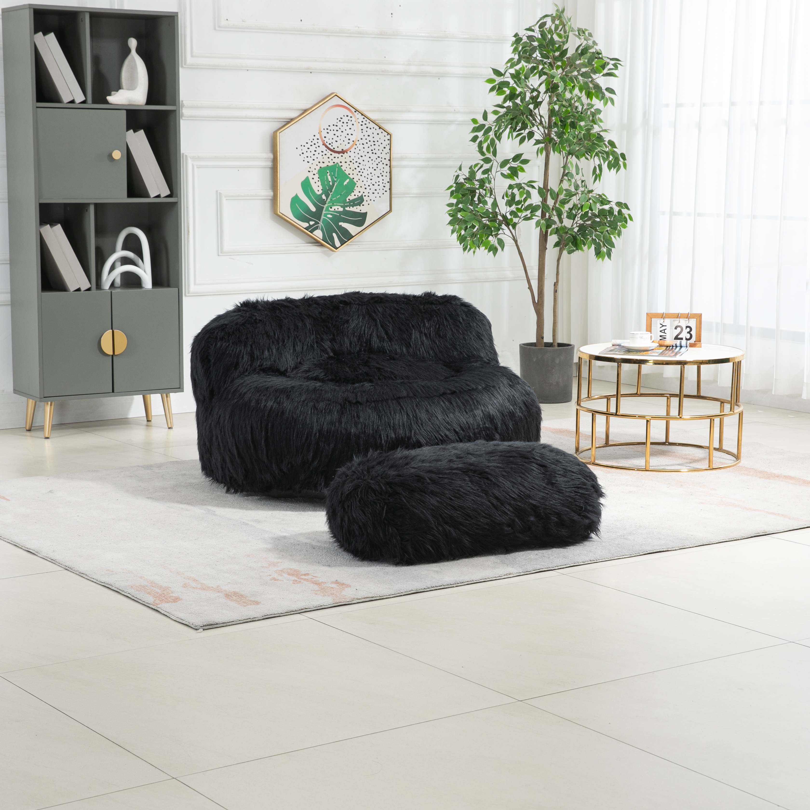 Poltrona Sacco Fluffy Confortevole con Pouf, Sedia Moderna in Pelliccia Sintetica per Soggiorno, Camera da Letto e Studio, Nero Aosom