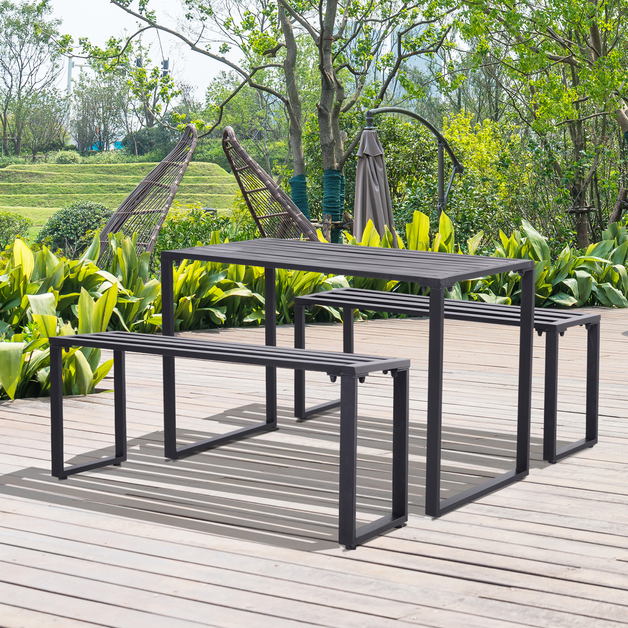 Outsunny Zestaw Piwny Meble Ogrodowe 3-część. 1 X Stół 2 X Ławki Metal Czarny 110 X 55 X 70 Cm