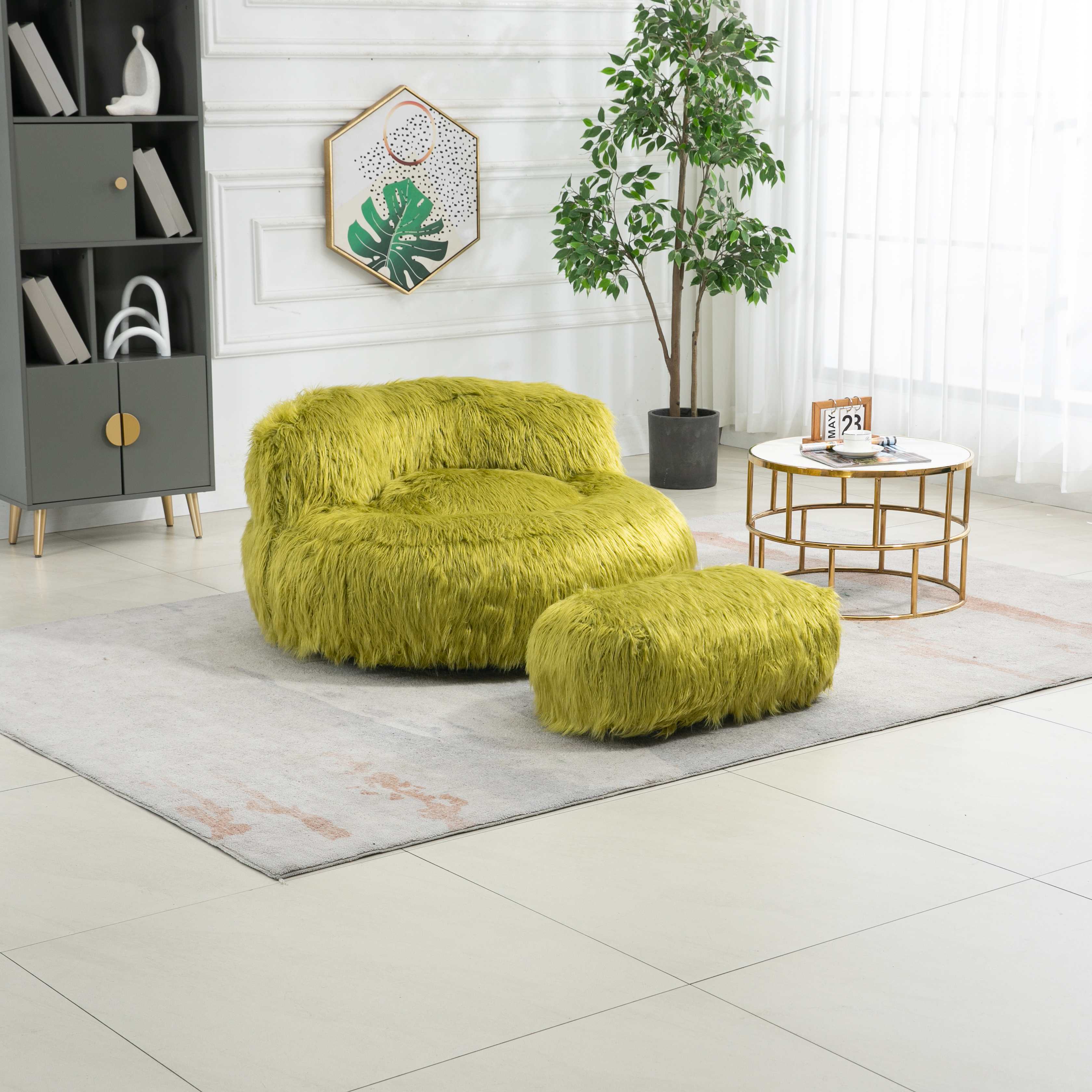Poltrona Sacco Fluffy Confortevole con Pouf, Sedia Moderna in Pelliccia Sintetica per Soggiorno, Camera da Letto e Studio, Verde oliva Aosom