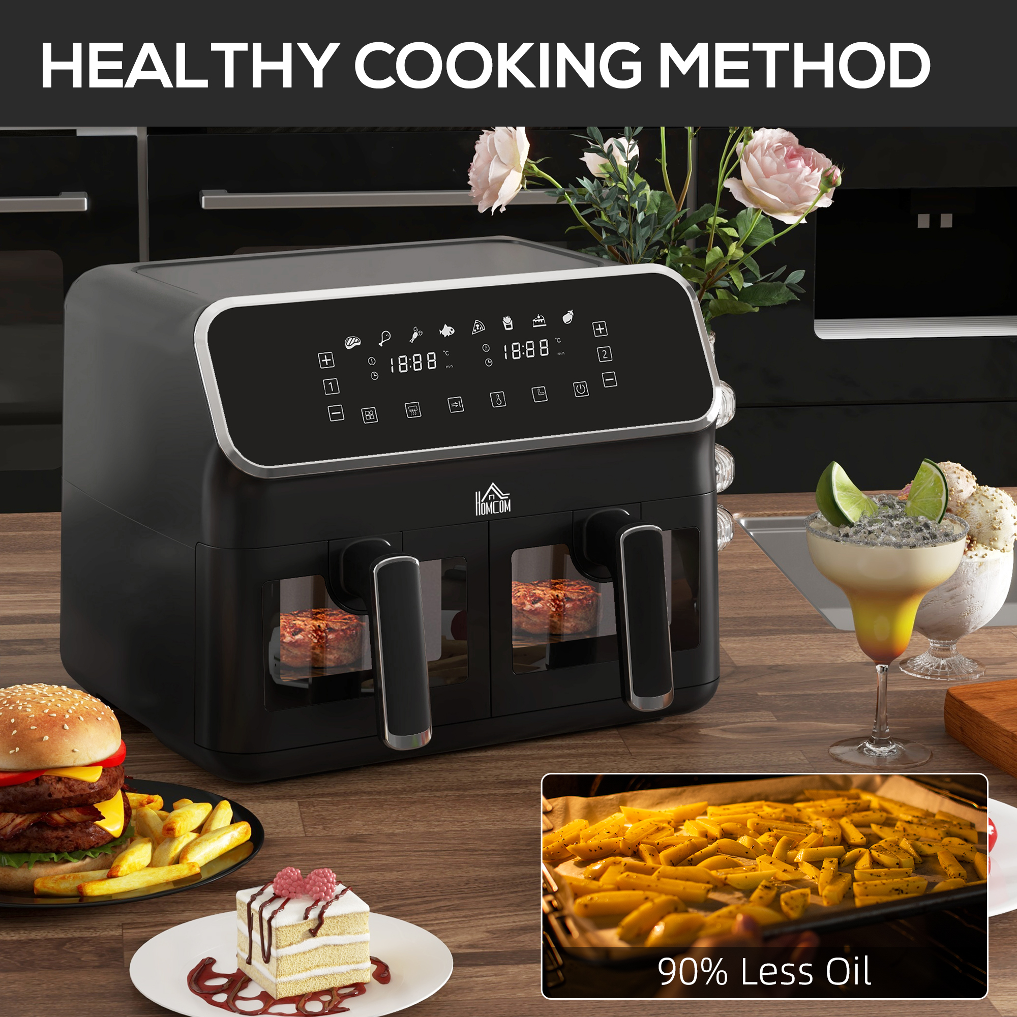 HOMCOM Dual Air Fryer, 8L Family Size Double Air Fryer Oven with 8-In-1 Presets, Smart Finish, Digital Display, Visual Window, Recipe, Timer for Oil Free & Low Fat Healthy Cooking, 2700W, Silver