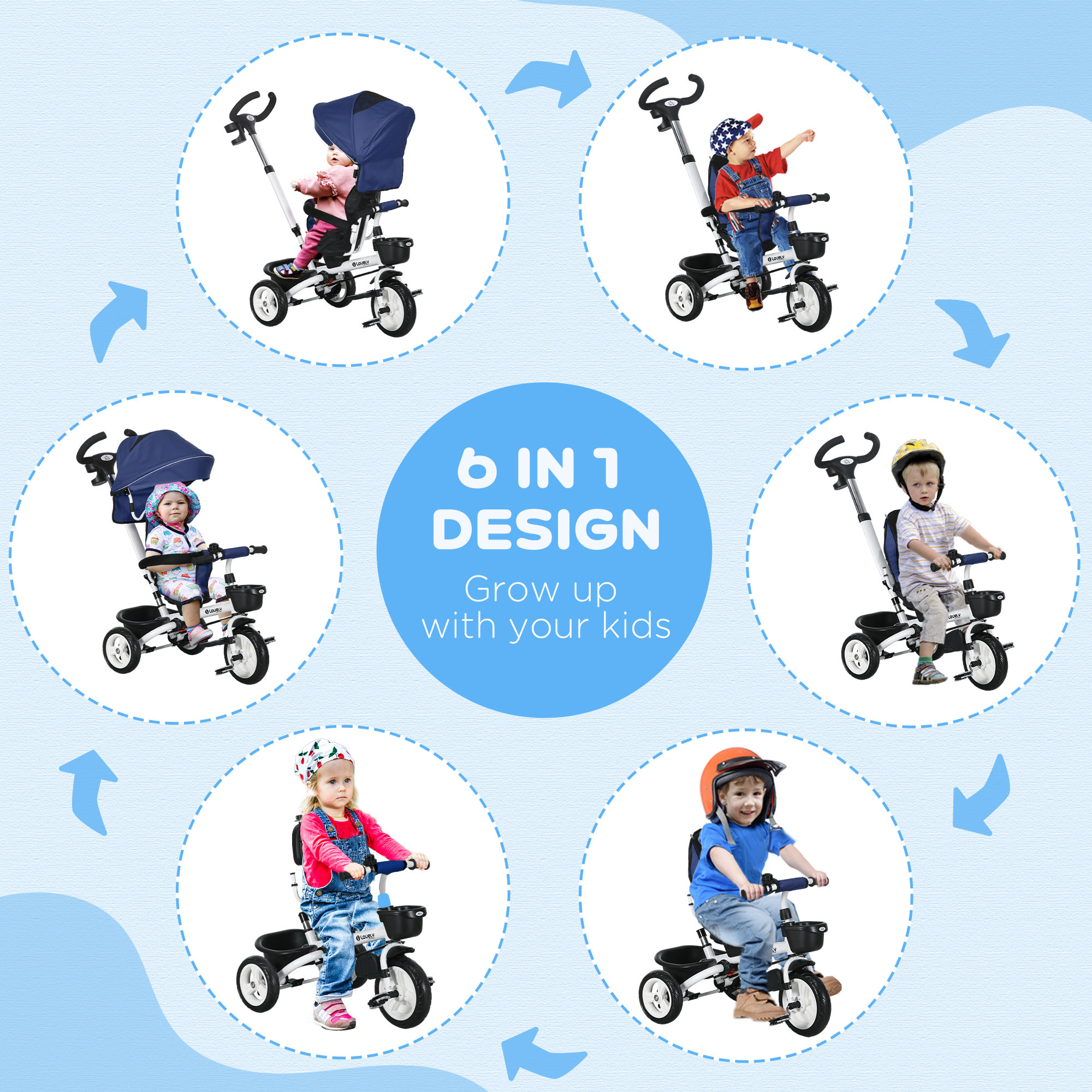 HOMCOM Metal Frame 4 in 1 Baby Push Tricycle with Parent Handle for 1-5 Years Old, Dark Blue