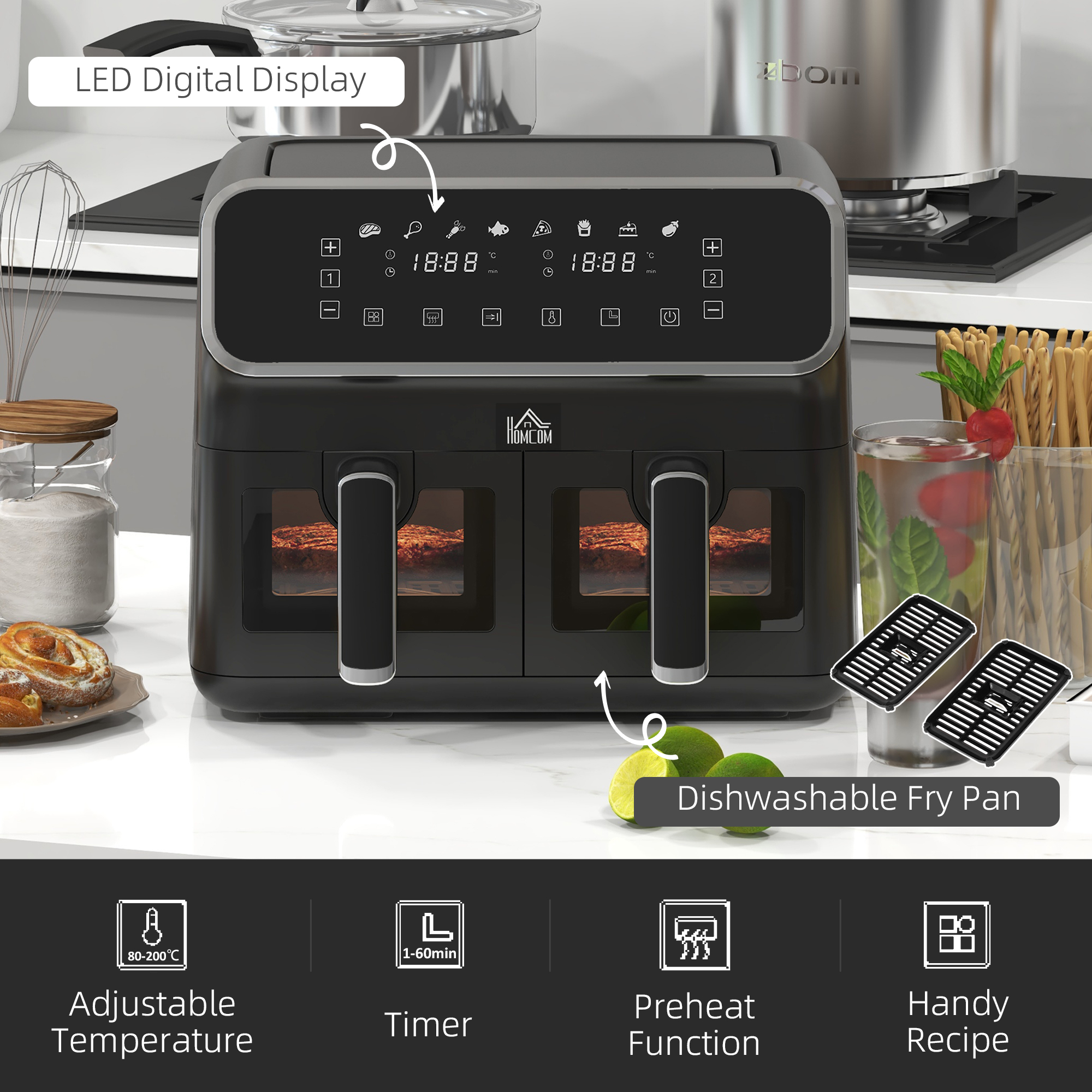 HOMCOM Dual Air Fryer, 8L Family Size Double Air Fryer Oven with 8-In-1 Presets, Smart Finish, Digital Display, Visual Window, Recipe, Timer for Oil Free & Low Fat Healthy Cooking, 2700W, Silver