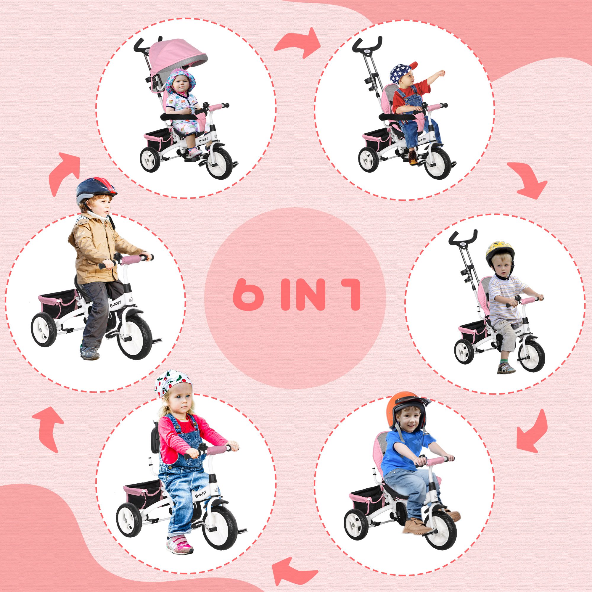 HOMCOM 4 in 1 Kids Trike Push Bike w/ Push Handle, Canopy, 5-point Safety Belt, Storage, Footrest, Brake, for 1-5 Years, Pink