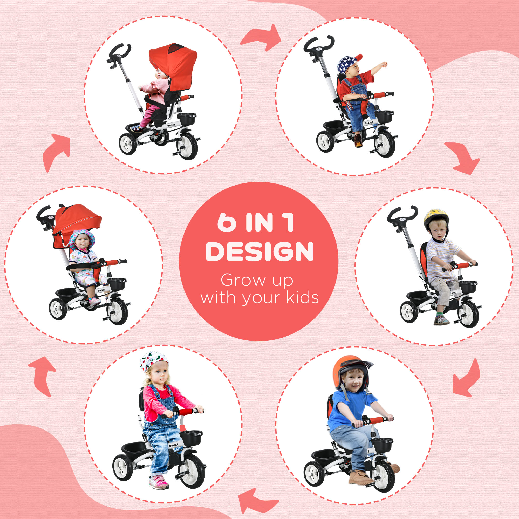HOMCOM Metal Frame 4 in 1 Baby Push Tricycle with Parent Handle for 1-5 Years Old, Red
