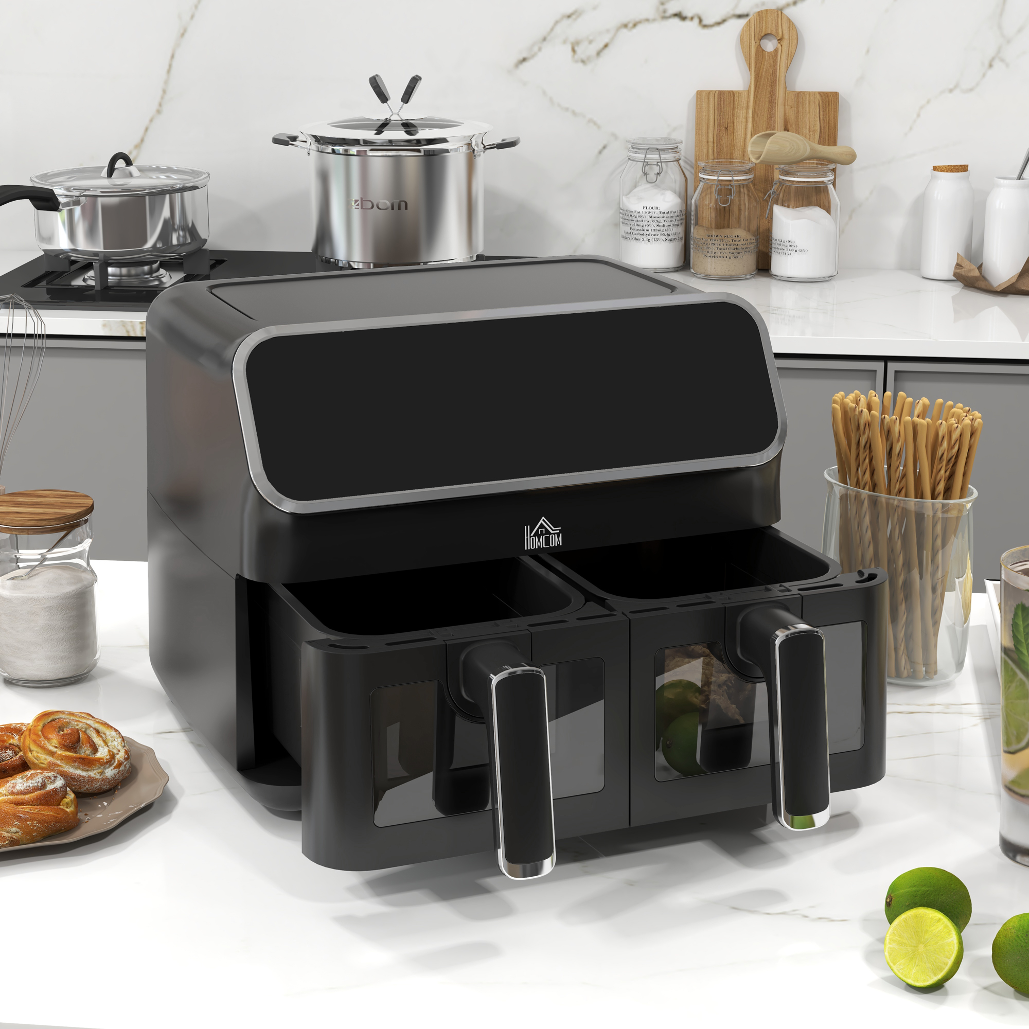 HOMCOM Dual Air Fryer, 8L Family Size Double Air Fryer Oven with 8-In-1 Presets, Smart Finish, Digital Display, Visual Window, Recipe, Timer for Oil Free & Low Fat Healthy Cooking, 2700W, Silver