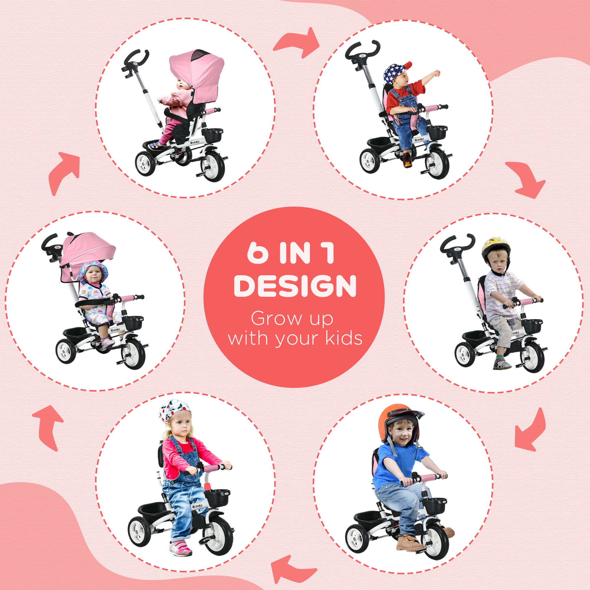 HOMCOM Metal Frame 4 in 1 Baby Push Tricycle with Parent Handle for 1-5 Years Old, Pink