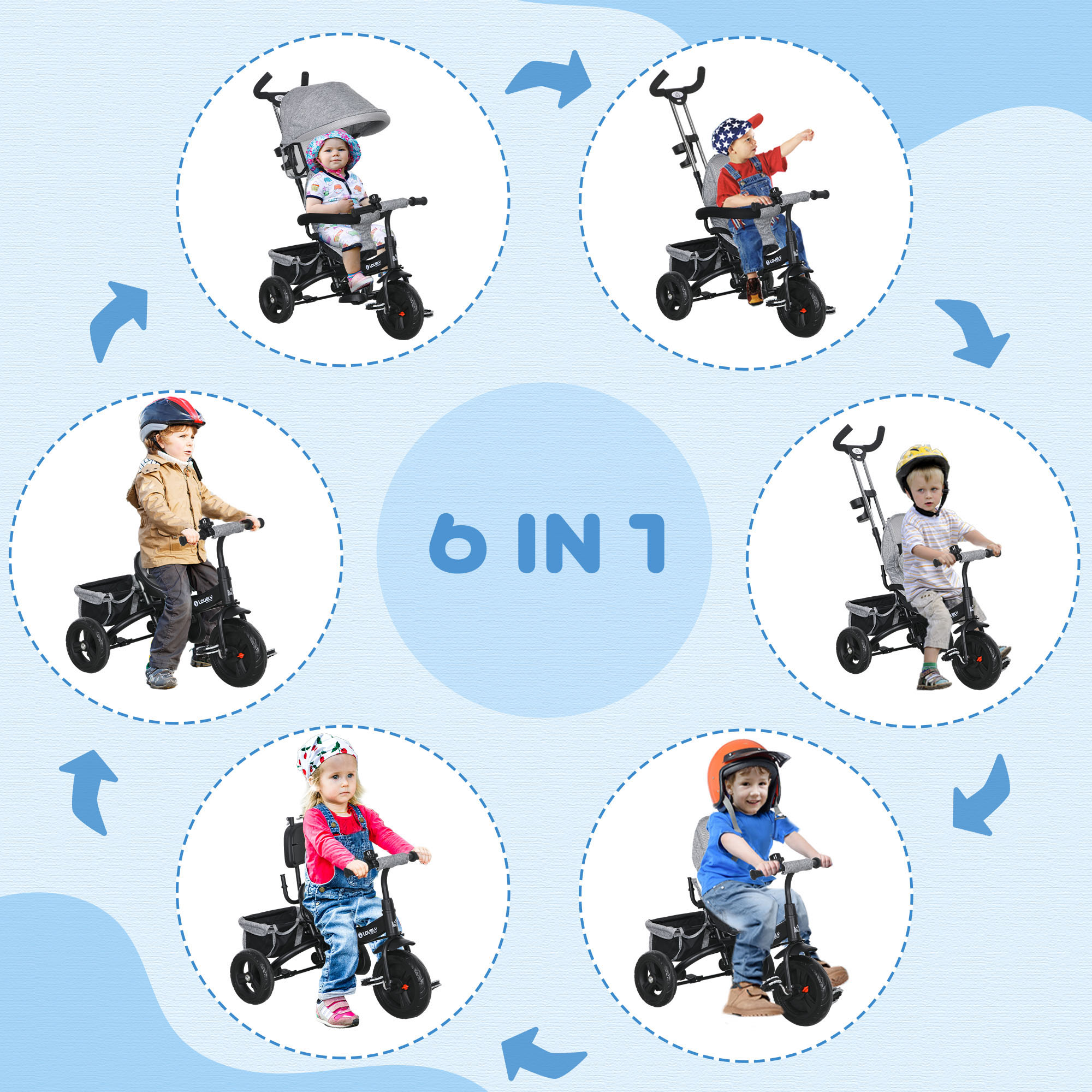 HOMCOM 4 in 1 Kids Trike Push Bike w/ Push Handle, Canopy, 5-point Safety Belt, Storage, Footrest, Brake, for 1-5 Years, Grey