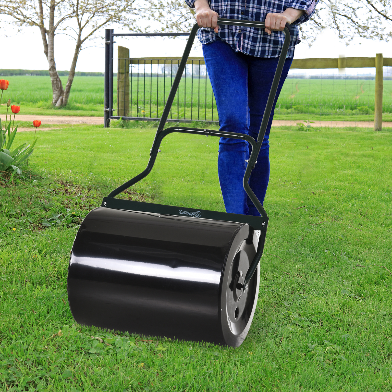 Outsunny Walec ogrodowy z rączką w kształcie litery U walec do trawy wałek do trawy 60 l wypełnienie wodą/piachem metal
