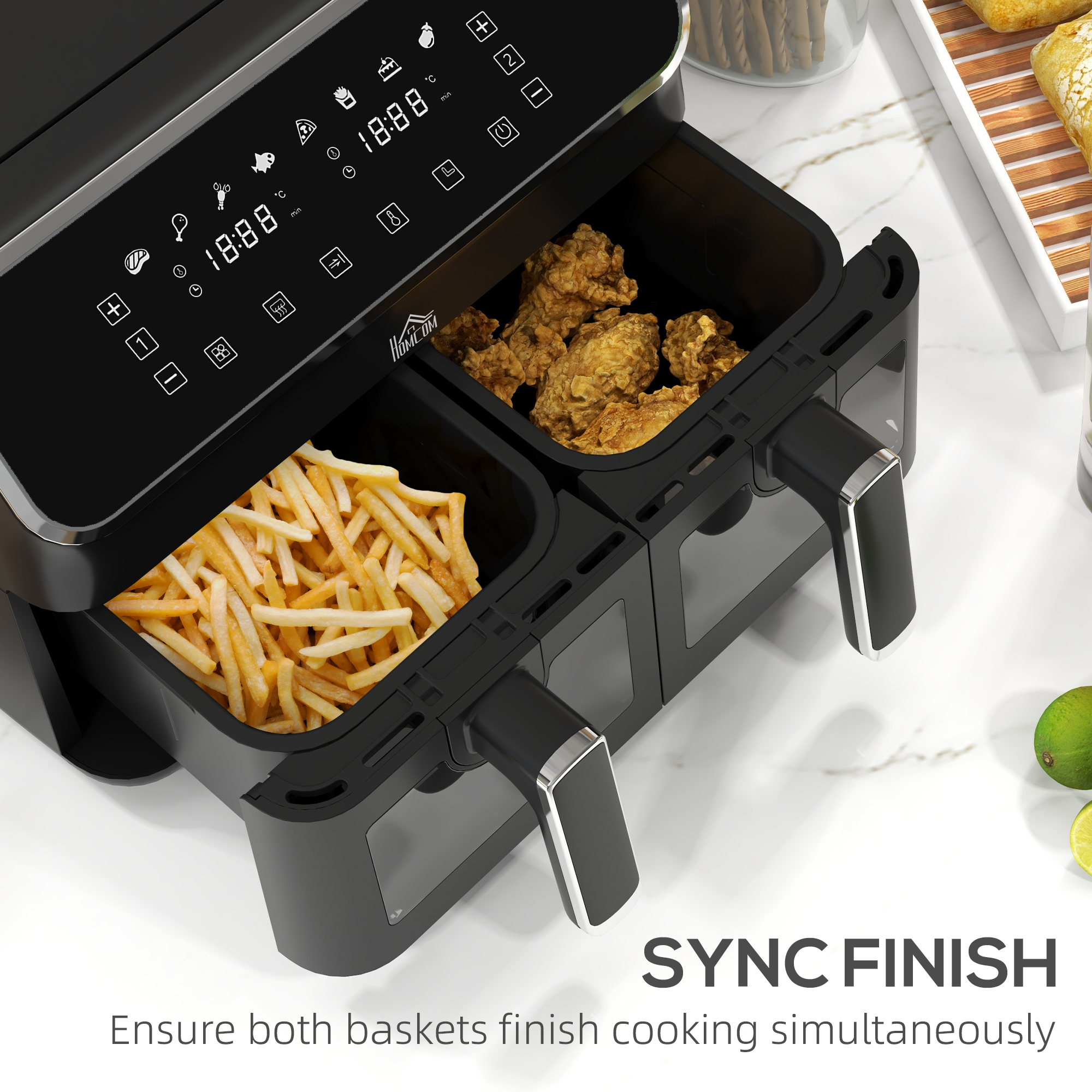 HOMCOM Dual Air Fryer, 8L Family Size Double Air Fryer Oven with 8-In-1 Presets, Smart Finish, Digital Display, Visual Window, Recipe, Timer for Oil Free & Low Fat Healthy Cooking, 2700W, Silver