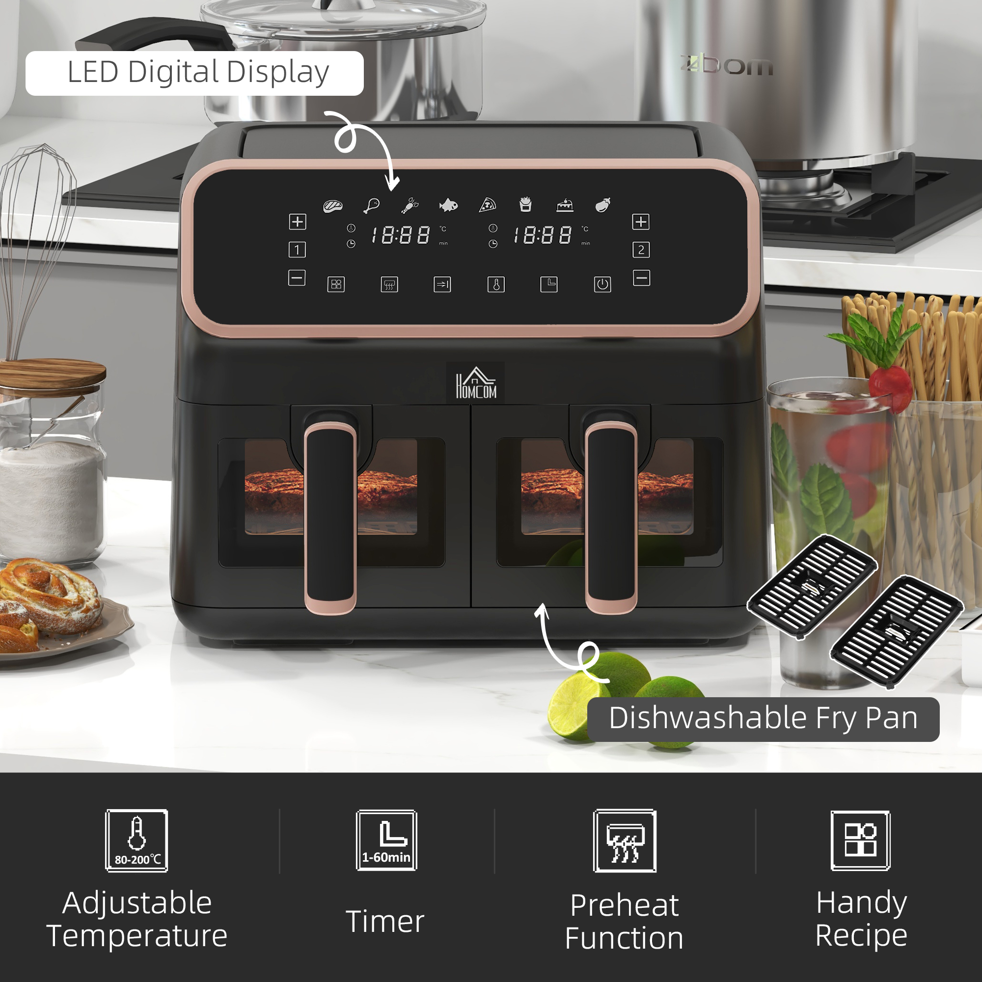 HOMCOM Dual Air Fryer, 8L Family Size Double Air Fryer Oven with 8-In-1 Presets, Smart Finish, Digital Display, Visual Window, Recipe, Timer for Oil Free & Low Fat Healthy Cooking, 2700W, Gold Tone