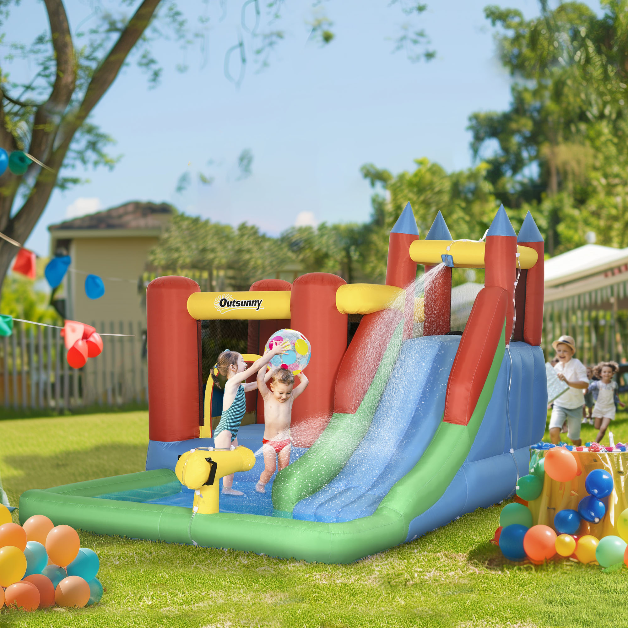 Outsunny Kids Inflatable Bouncy Castle Water Slide 6 in 1 Bounce House Jumping Castle Water Pool Gun Climbing Wall Basket for Summer Playland