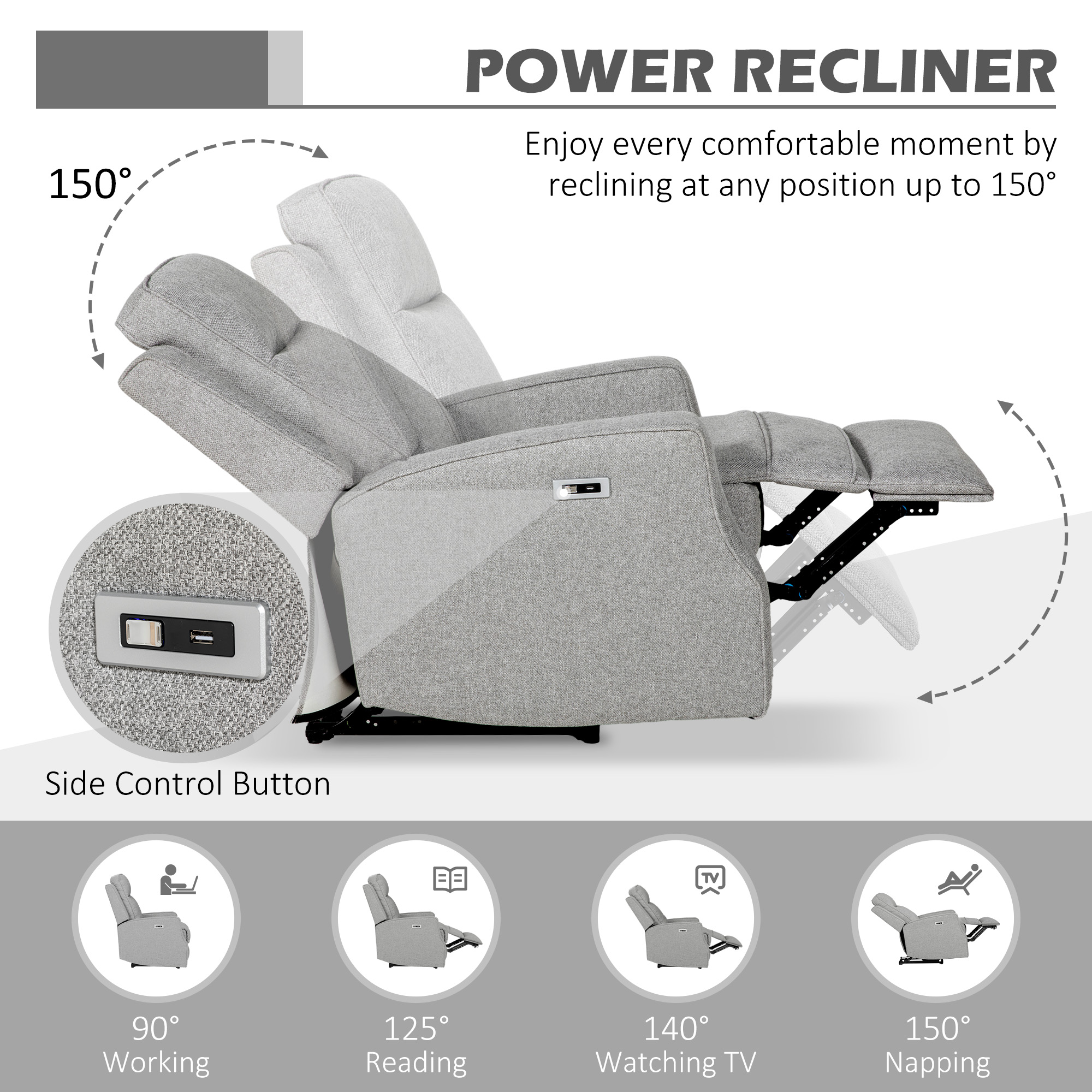 HOMCOM Electric Recliner Armchair, Recliner Chair with Adjustable Leg Rest, USB Port, Grey