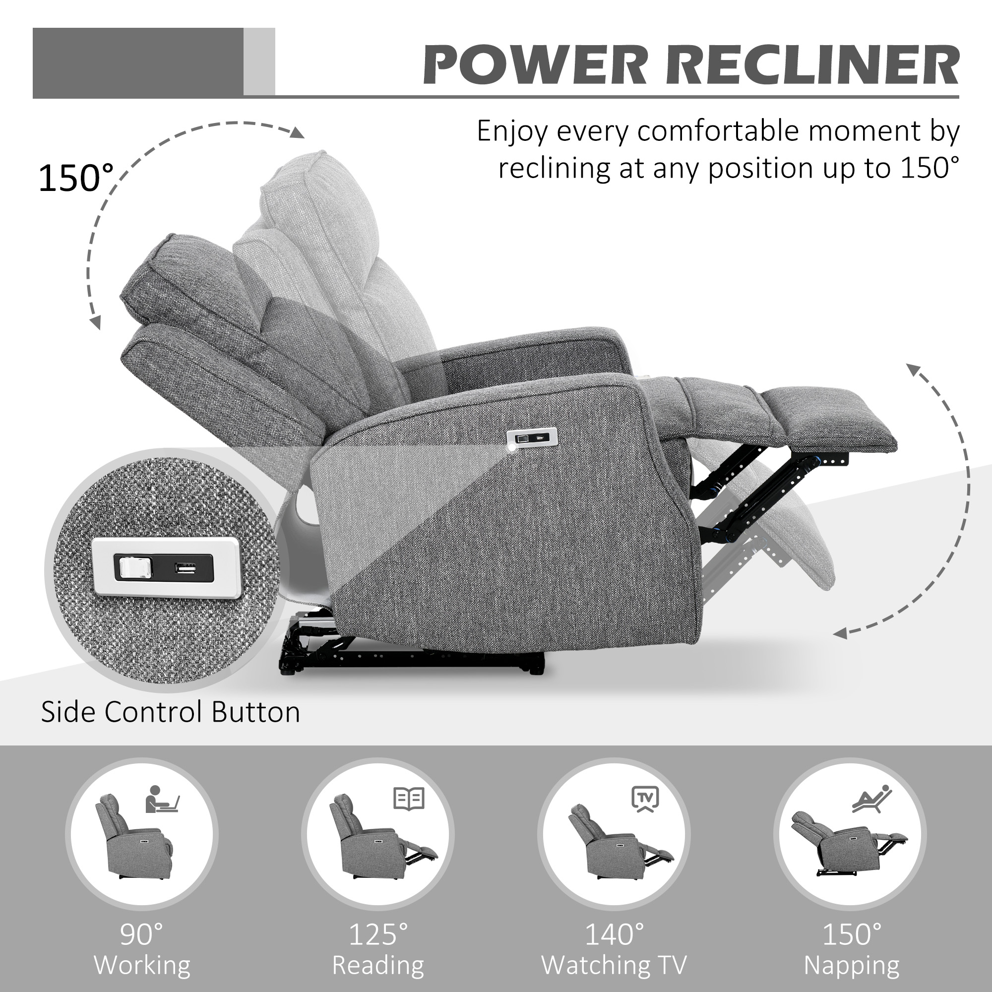 HOMCOM Electric Recliner Armchair, Recliner Chair with Adjustable Leg Rest, USB Port, Charcoal Grey