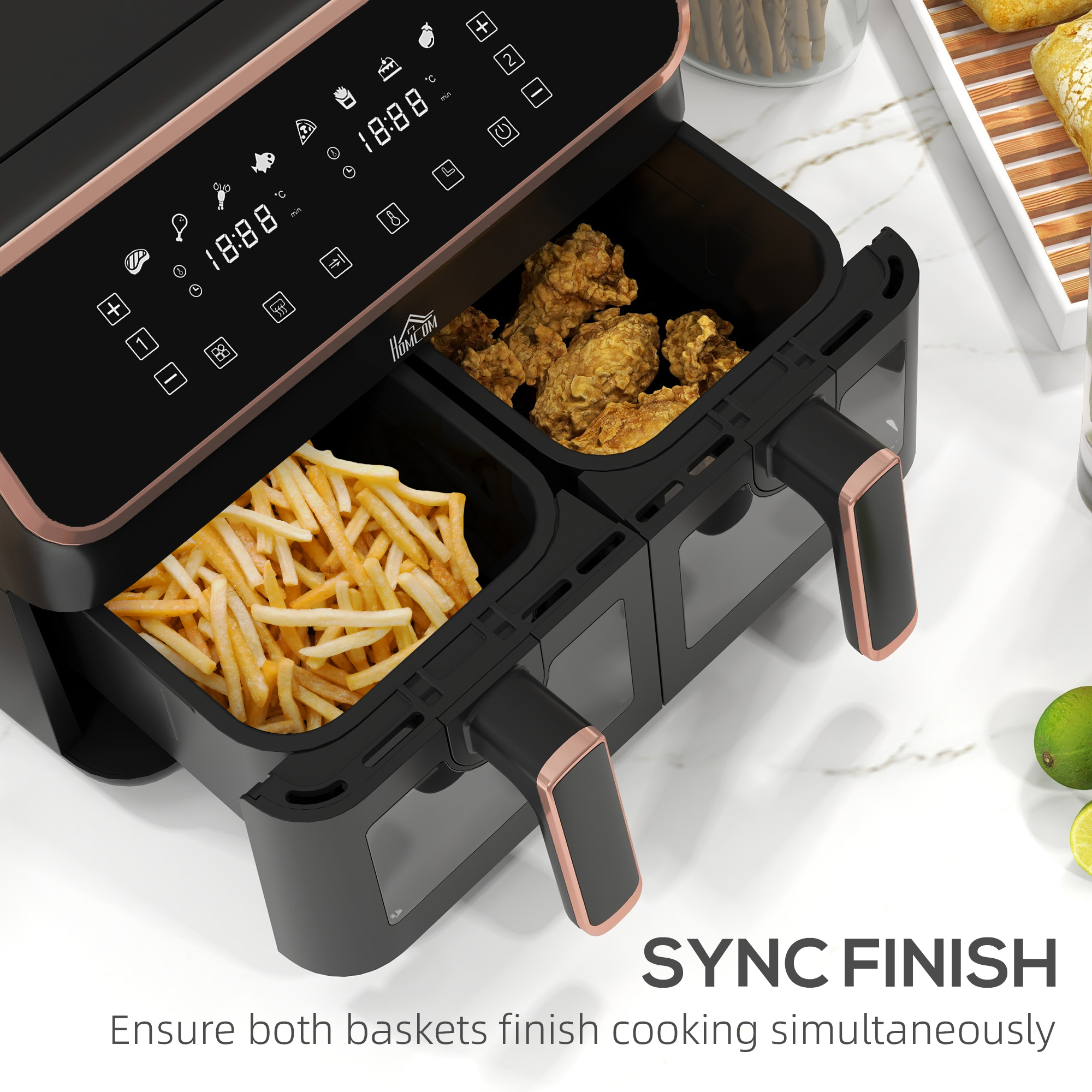 HOMCOM Dual Air Fryer, 8L Family Size Double Air Fryer Oven with 8-In-1 Presets, Smart Finish, Digital Display, Visual Window, Recipe, Timer for Oil Free & Low Fat Healthy Cooking, 2700W, Gold Tone