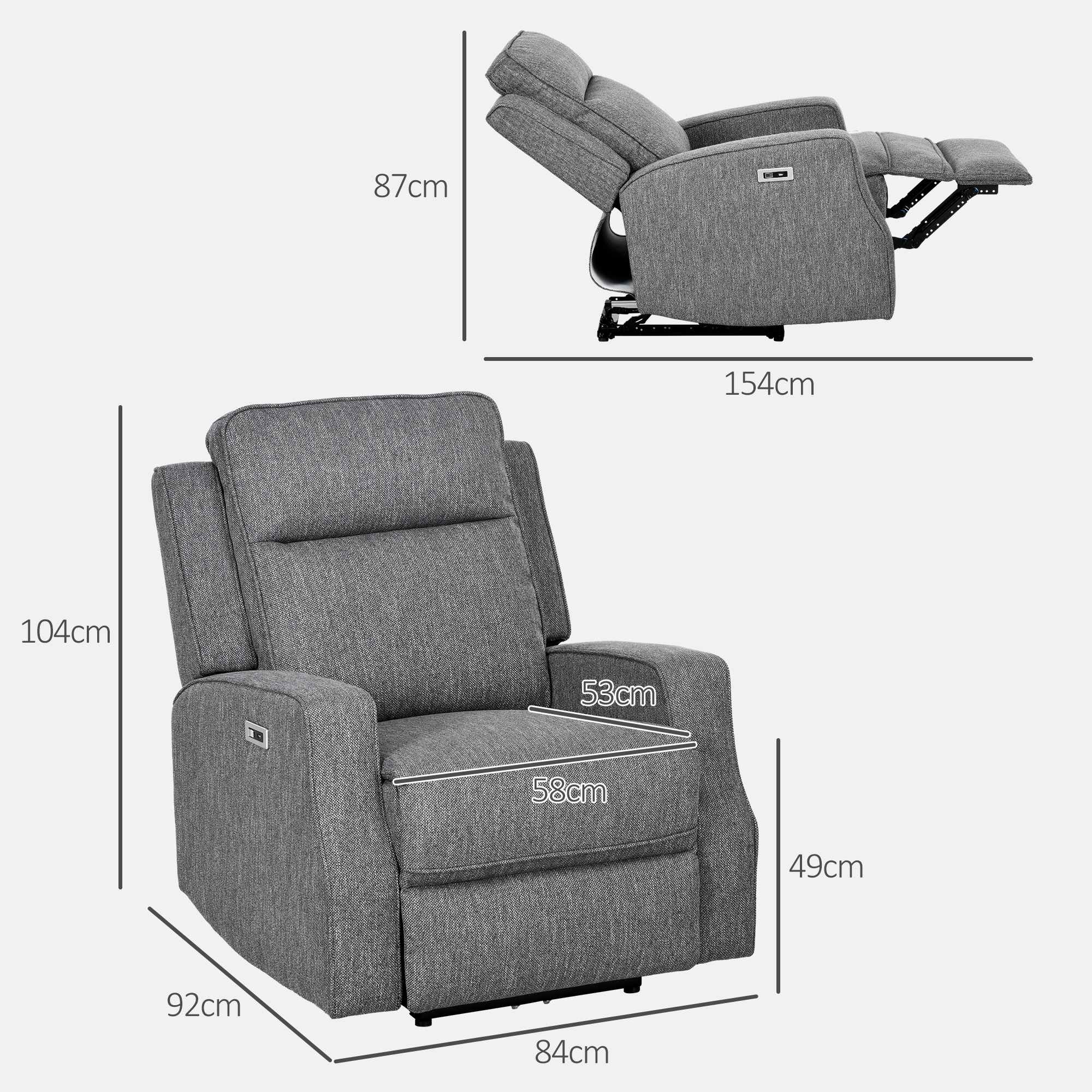 HOMCOM Electric Recliner Armchair, Recliner Chair with Adjustable Leg Rest, USB Port, Charcoal Grey
