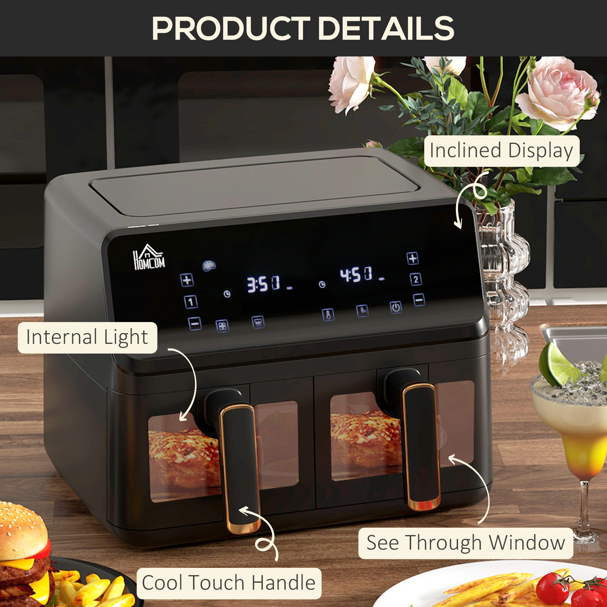 HOMCOM Dual Basket Air Fryer, 8L Family Size Double Air Fryer Oven with 8 Presets, Digital Display, Visual Window, Inner Light, Recipe, Timer, Preheat for Oil Free & Low Fat Healthy Cooking, 2500W