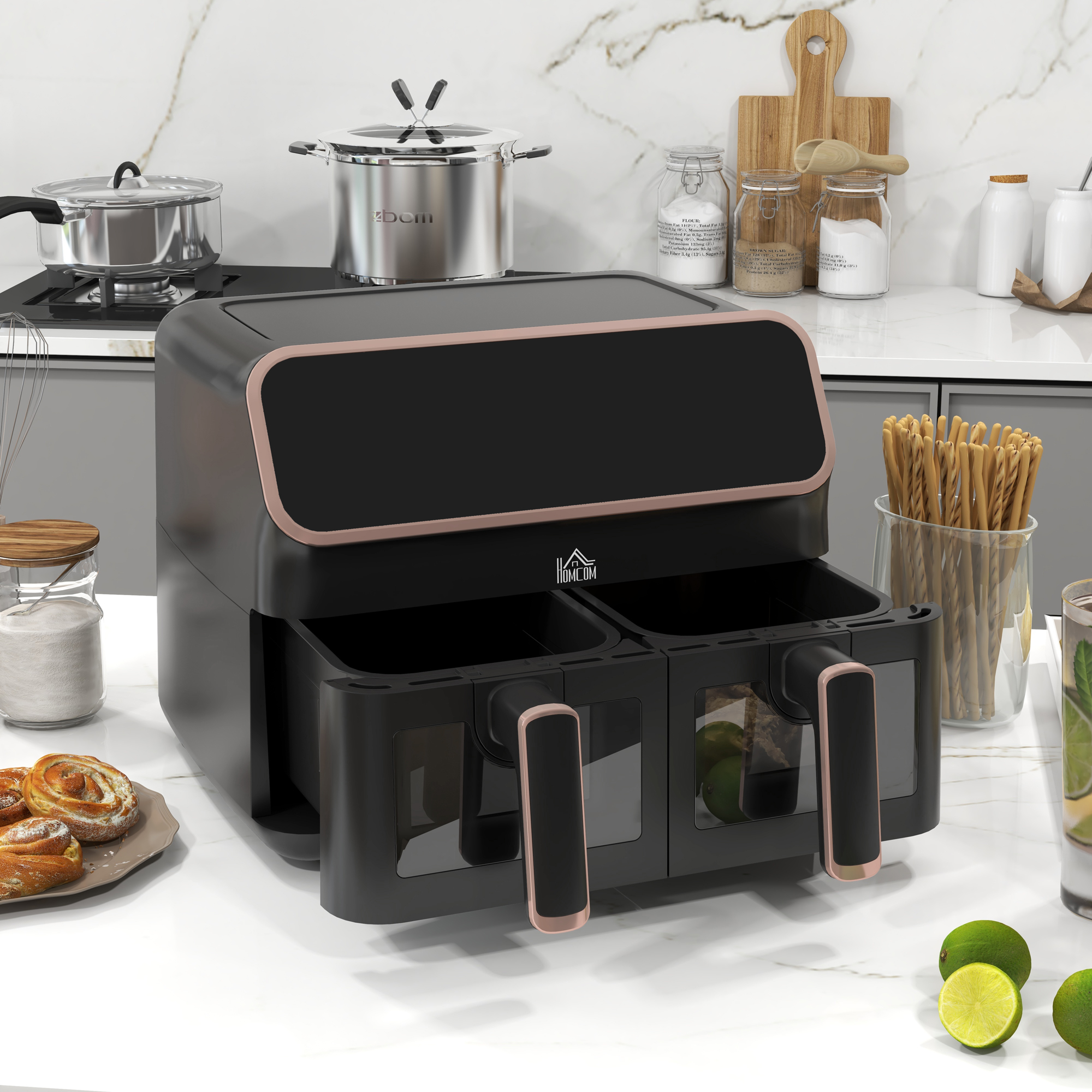 HOMCOM Dual Air Fryer, 8L Family Size Double Air Fryer Oven with 8-In-1 Presets, Smart Finish, Digital Display, Visual Window, Recipe, Timer for Oil Free & Low Fat Healthy Cooking, 2700W, Gold Tone