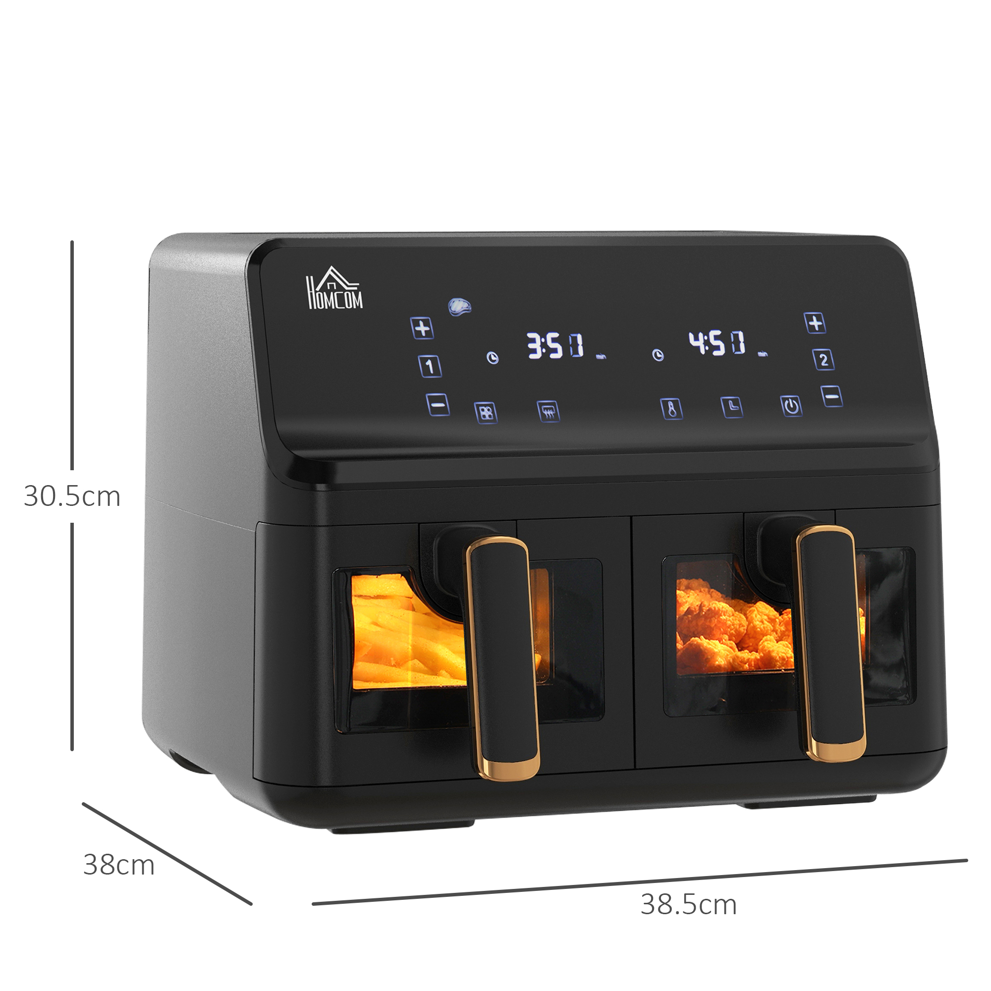 HOMCOM Dual Basket Air Fryer, 8L Family Size Double Air Fryer Oven with 8 Presets, Digital Display, Visual Window, Inner Light, Recipe, Timer, Preheat for Oil Free & Low Fat Healthy Cooking, 2500W