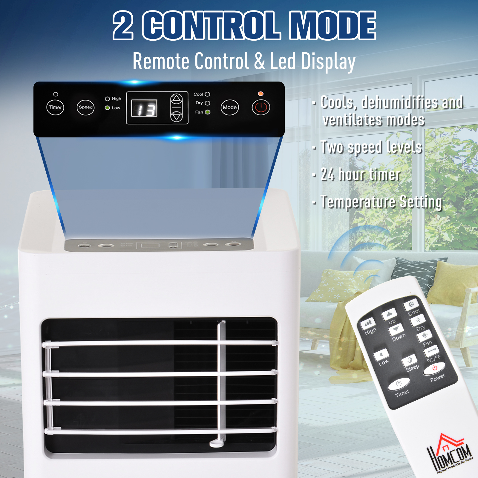 HOMCOM Mobile Air Conditioner with Remote Control, Timer, Cooling Dehumidifying Ventilating, LED Display White - 1114W