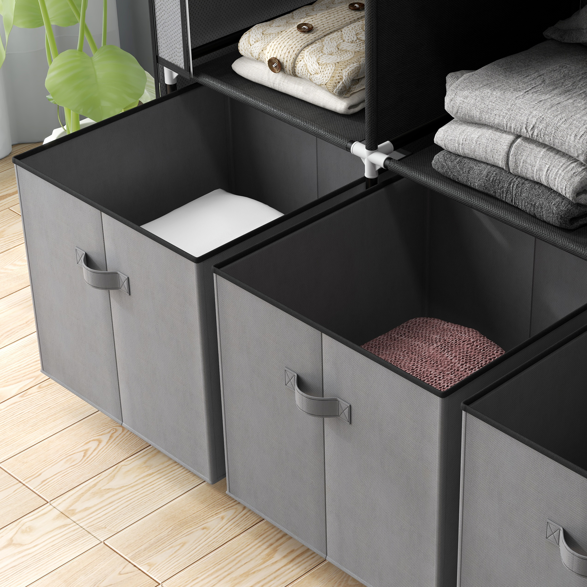 HOMCOM Fabric Wardrobe, Portable Wardrobe with 5 Shelves, 2 Hanging Rails and 3 Fabric Drawers, Foldable Closets, 125 x 43 x 162.5cm, Dark Grey