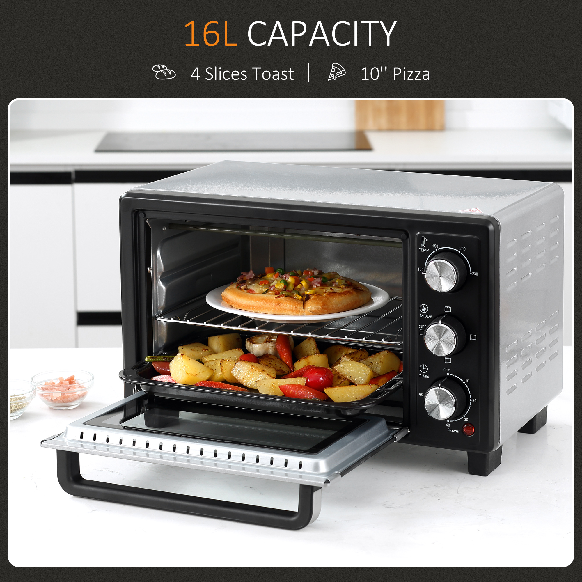HOMCOM Convection Mini Oven, 16L Countertop Electric Grill, Toaster Oven with Adjustable Temperature, 60 Min Timer, Crumb Tray, Wire Rack, 1400W