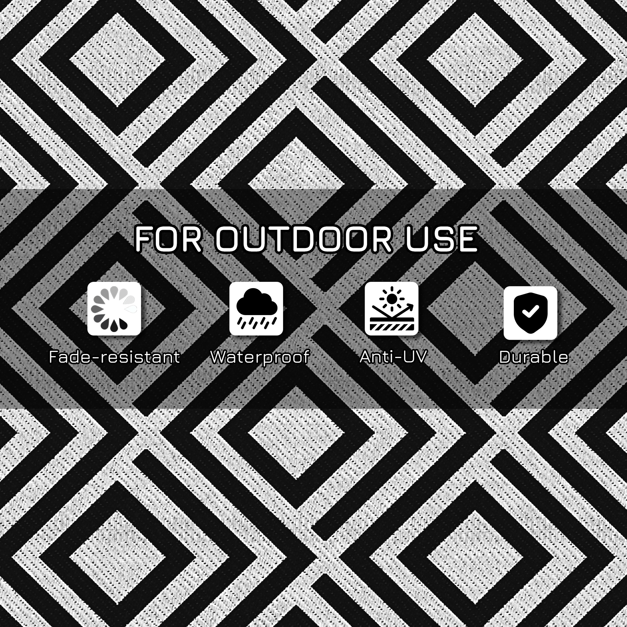 Outsunny Reversible Outdoor Mat, Plastic Straw Rug with Carry Bag & Ground Stakes, Black and White Rhombus, 182x274cm