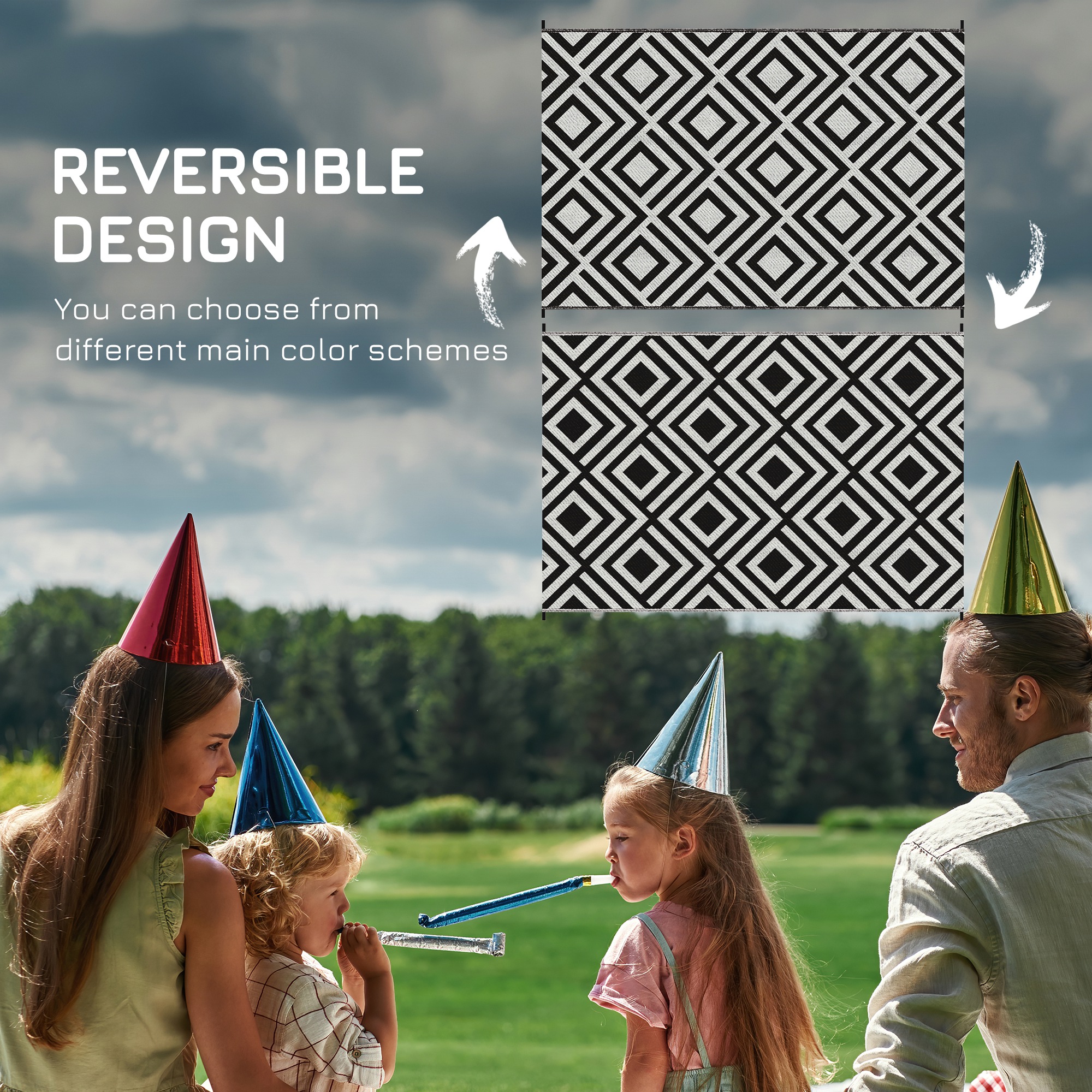 Outsunny Reversible Outdoor Mat, Plastic Straw Rug with Carry Bag & Ground Stakes, Black and White Rhombus, 182x274cm
