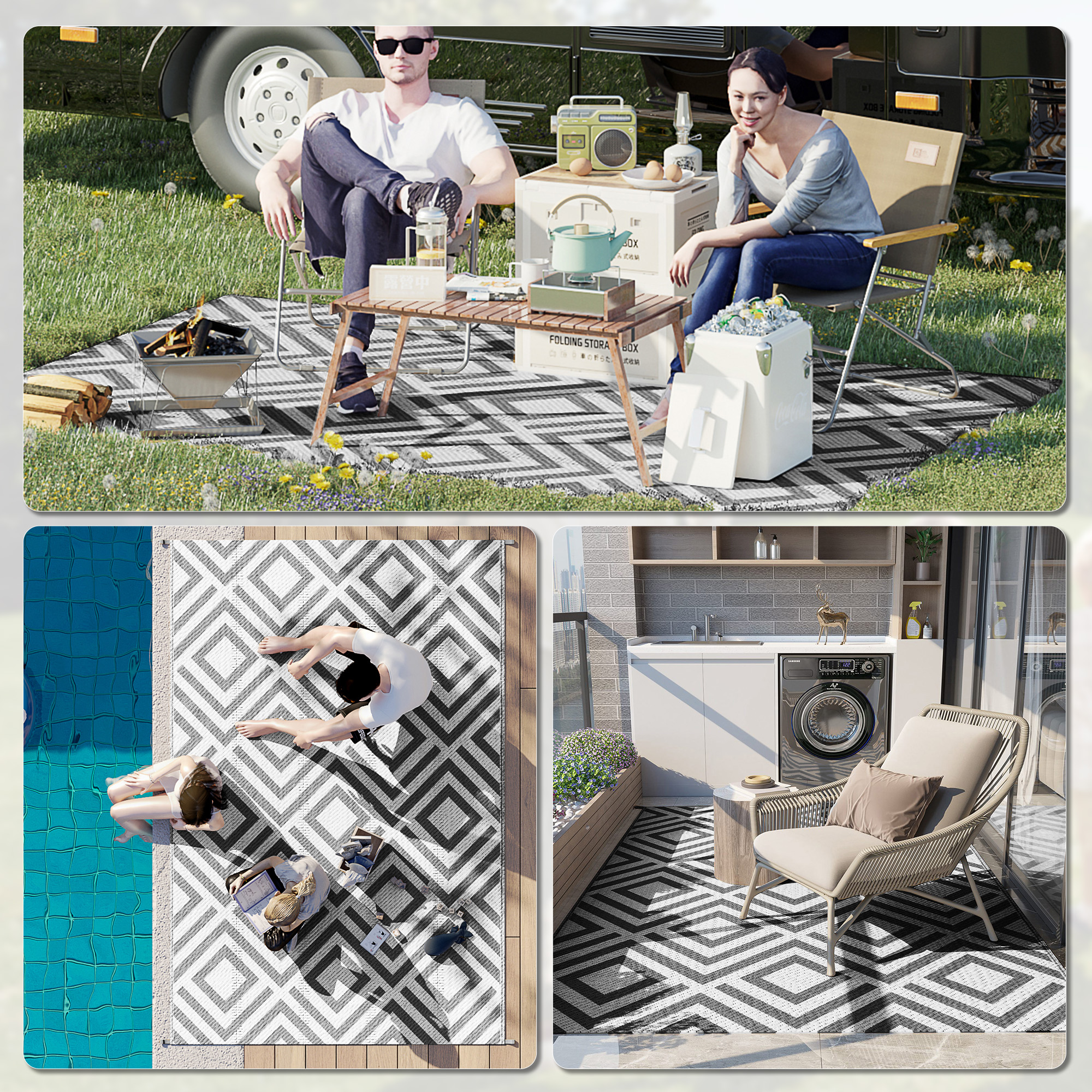 Outsunny Reversible Outdoor Mat, Plastic Straw Rug with Carry Bag & Ground Stakes, Black and White Rhombus, 182x274cm