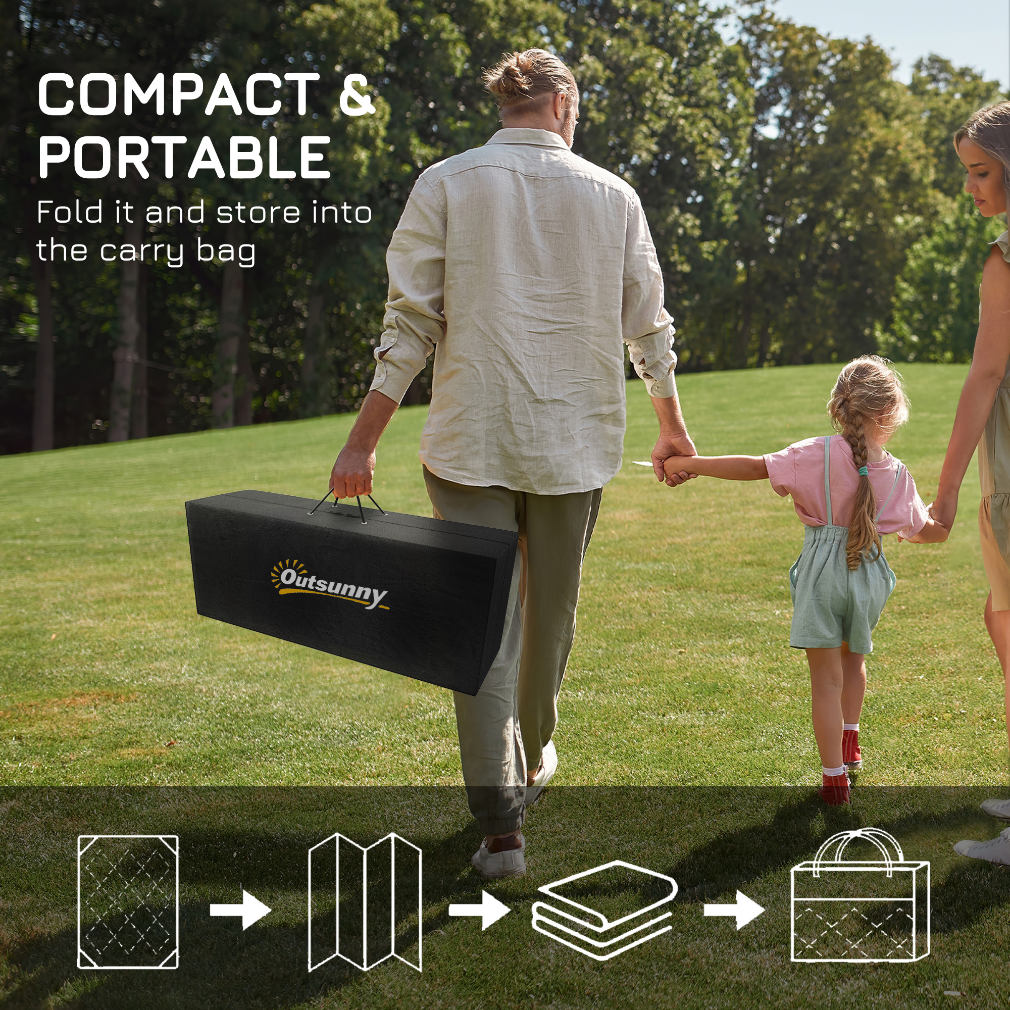 Outsunny Reversible Outdoor Mat, Plastic Straw Rug with Carry Bag & Ground Stakes, Black and White Rhombus, 182x274cm