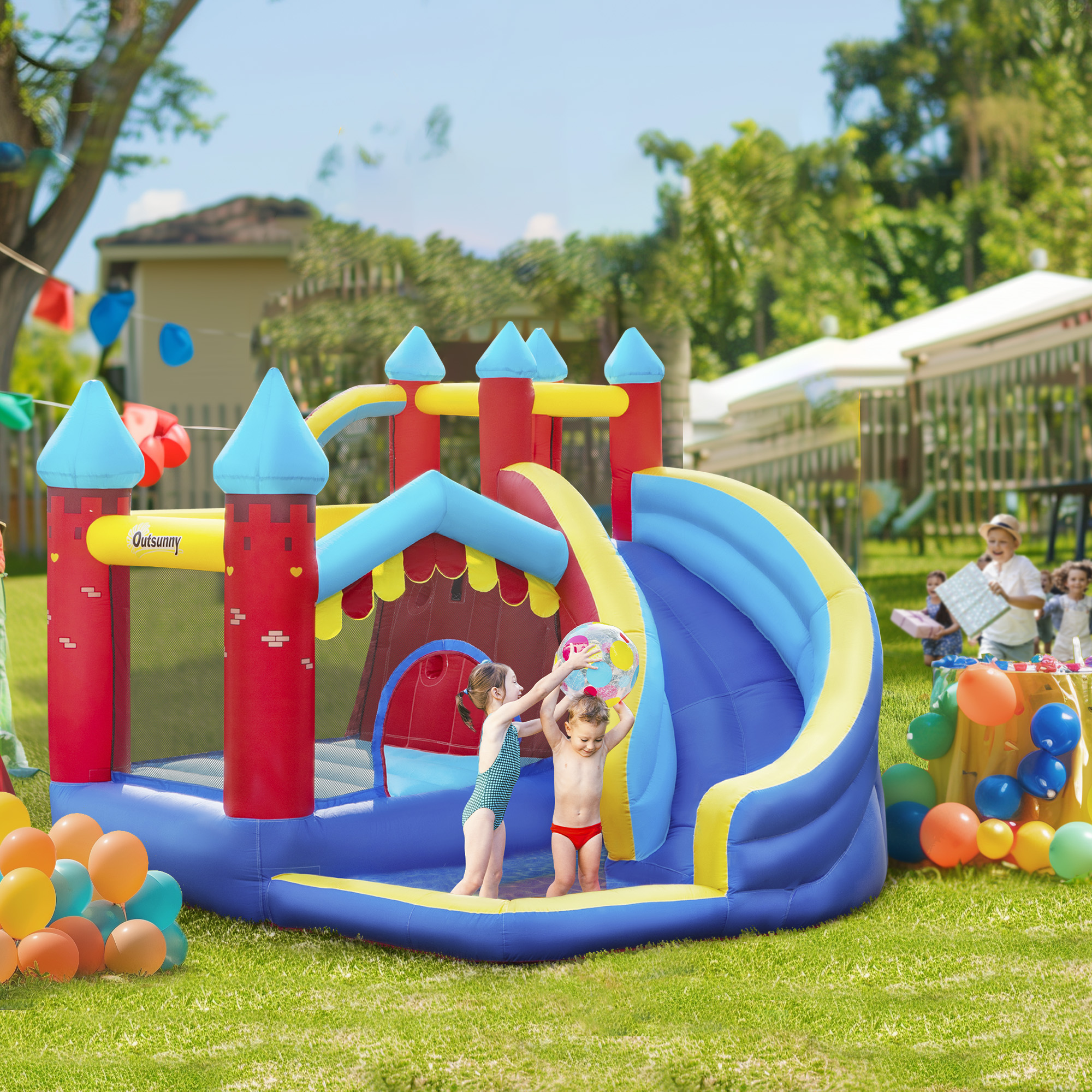 Outsunny Children's Inflatable Play Castle, 4-in-1 Bouncy House with Slide, Water Pool, Climbing Wall, for Ages 3-8, 2.9 x 2.7 x 2.3m