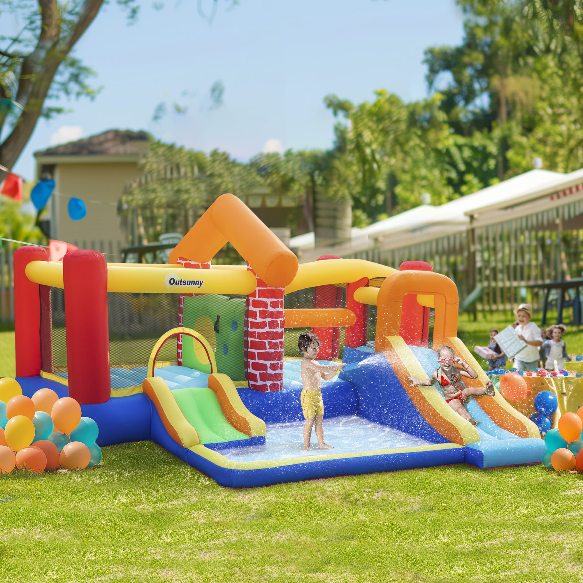 Outsunny 4 in 1 Kids Bounce Castle Extra Large Double Slides & Trampoline Design Inflatable House Pool Climbing Wall for Kids Age 3-8, 3.8x3.7x2.3m
