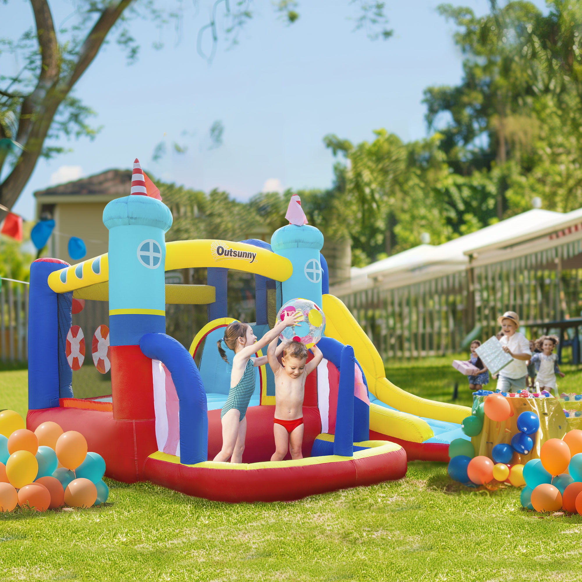 Outsunny 4 in 1 Kids Bounce Castle Large Sailboat Style Inflatable House Slide Trampoline Water Pool Climbing Wall for Kids Age 3-8, 2.65 x 2.6 x 2m