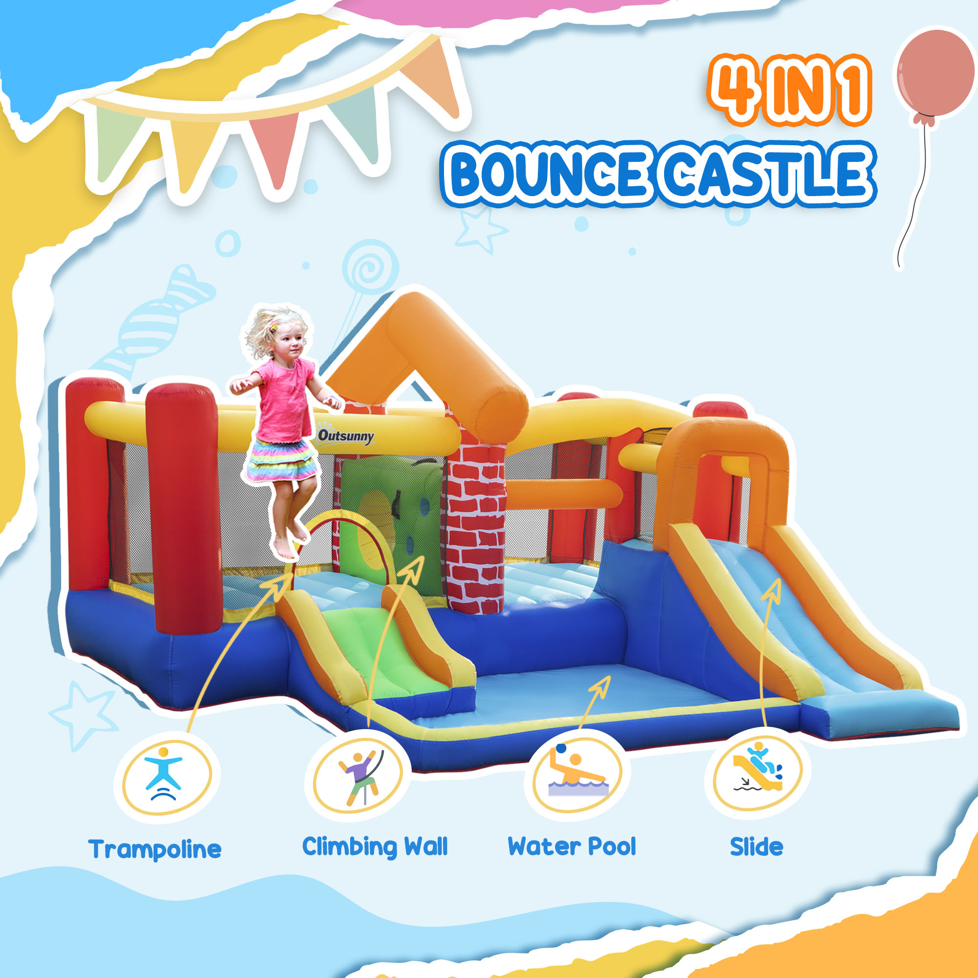 Outsunny 4 in 1 Kids Bounce Castle Extra Large Double Slides & Trampoline Design Inflatable House Pool Climbing Wall for Kids Age 3-8, 3.8x3.7x2.3m