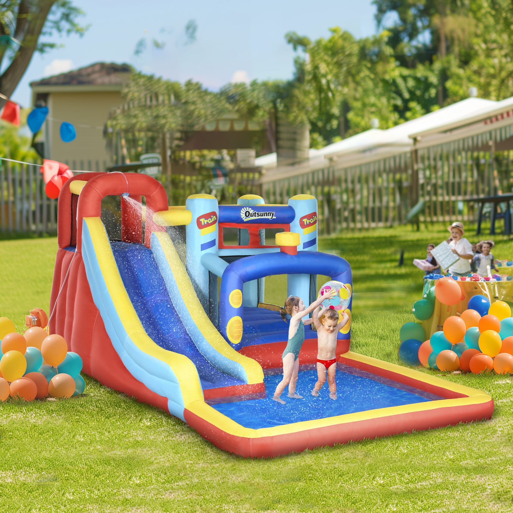 Outsunny 4 in 1 Bouncy Castle, with Slide, Pool, Trampoline, Climbing Wall, Blower - Multicoloured