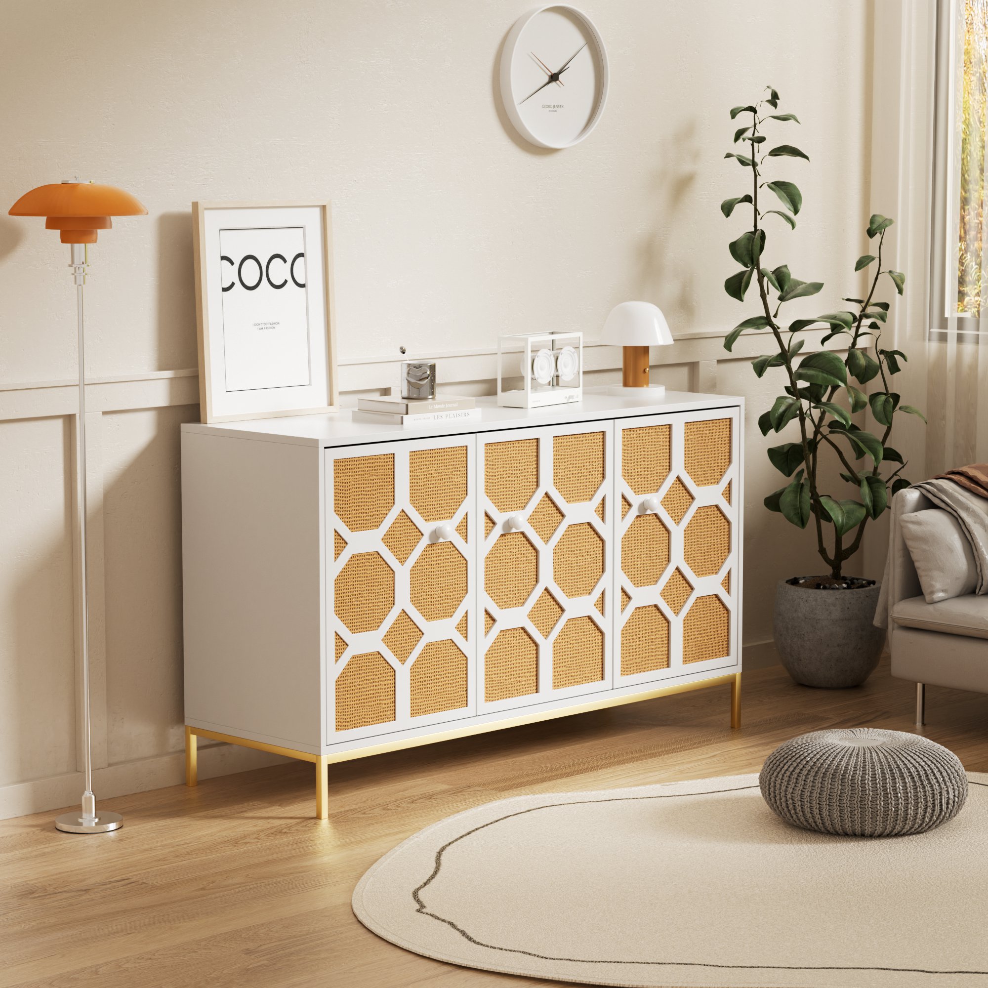 Credenza a 3 ante in rattan con ripiani regolabili - in MDF - Nera