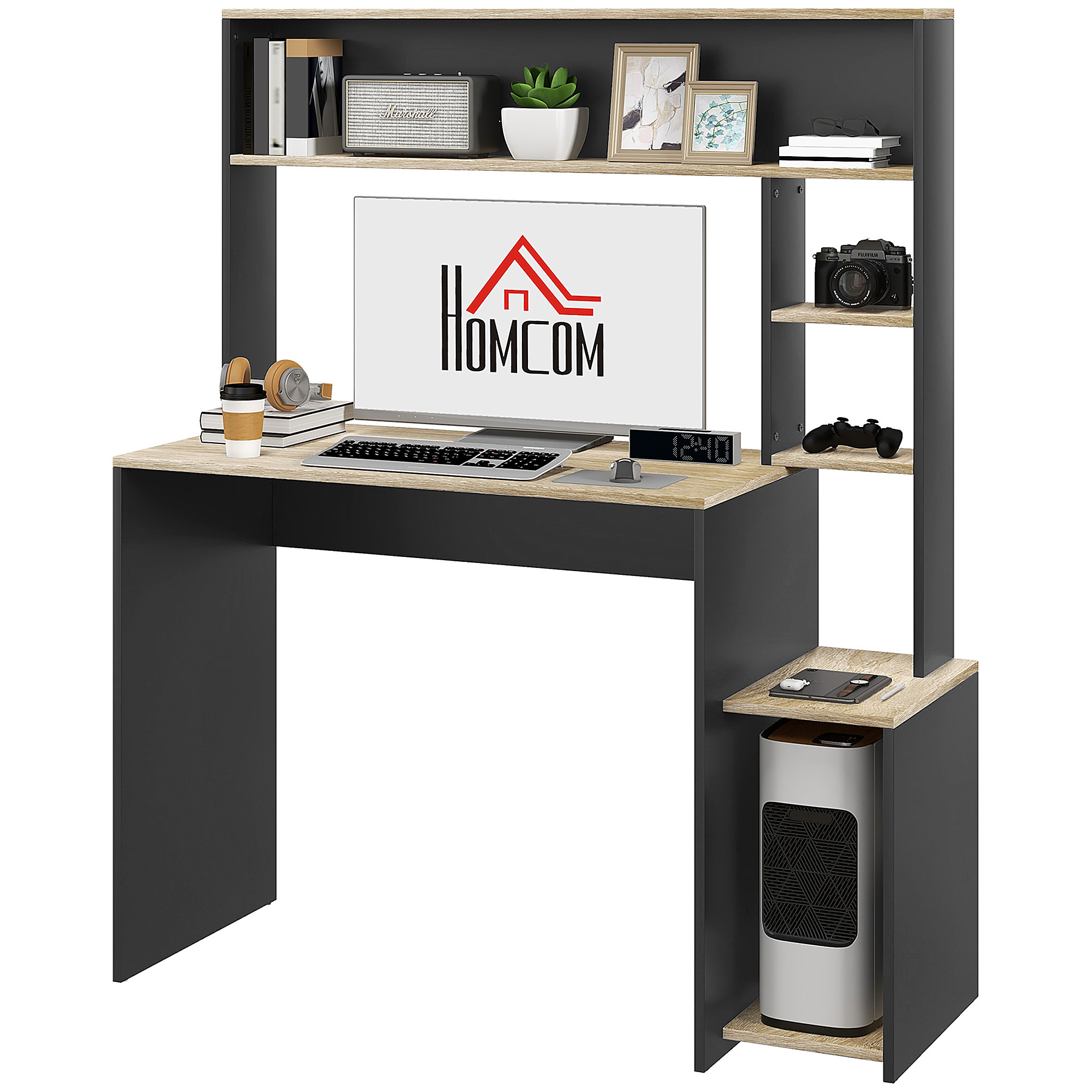 HOMCOM Oficiu cu 3 Rafturi, Birou din Lemn cu Suport CPU, 114x45x138 cm, Gri și Lemn Natural | Aosom Romania
