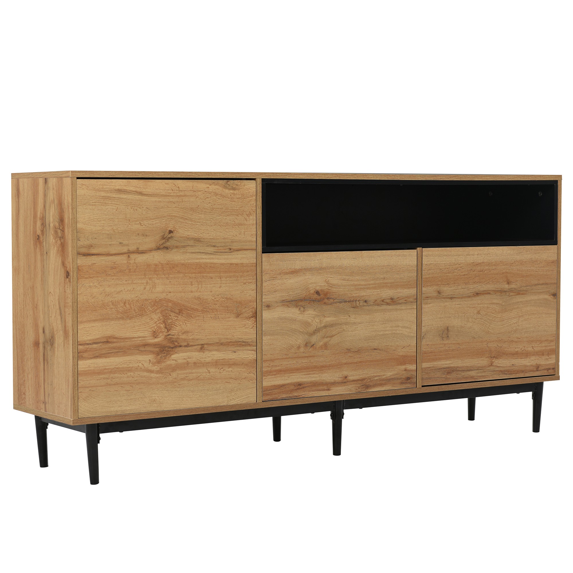 Credenza Moderna In Legno 160x35x76 Cm | 3 Ante E Ripiani Regolabili | Colore Nero/Legno | Facile Da Montare - 2
