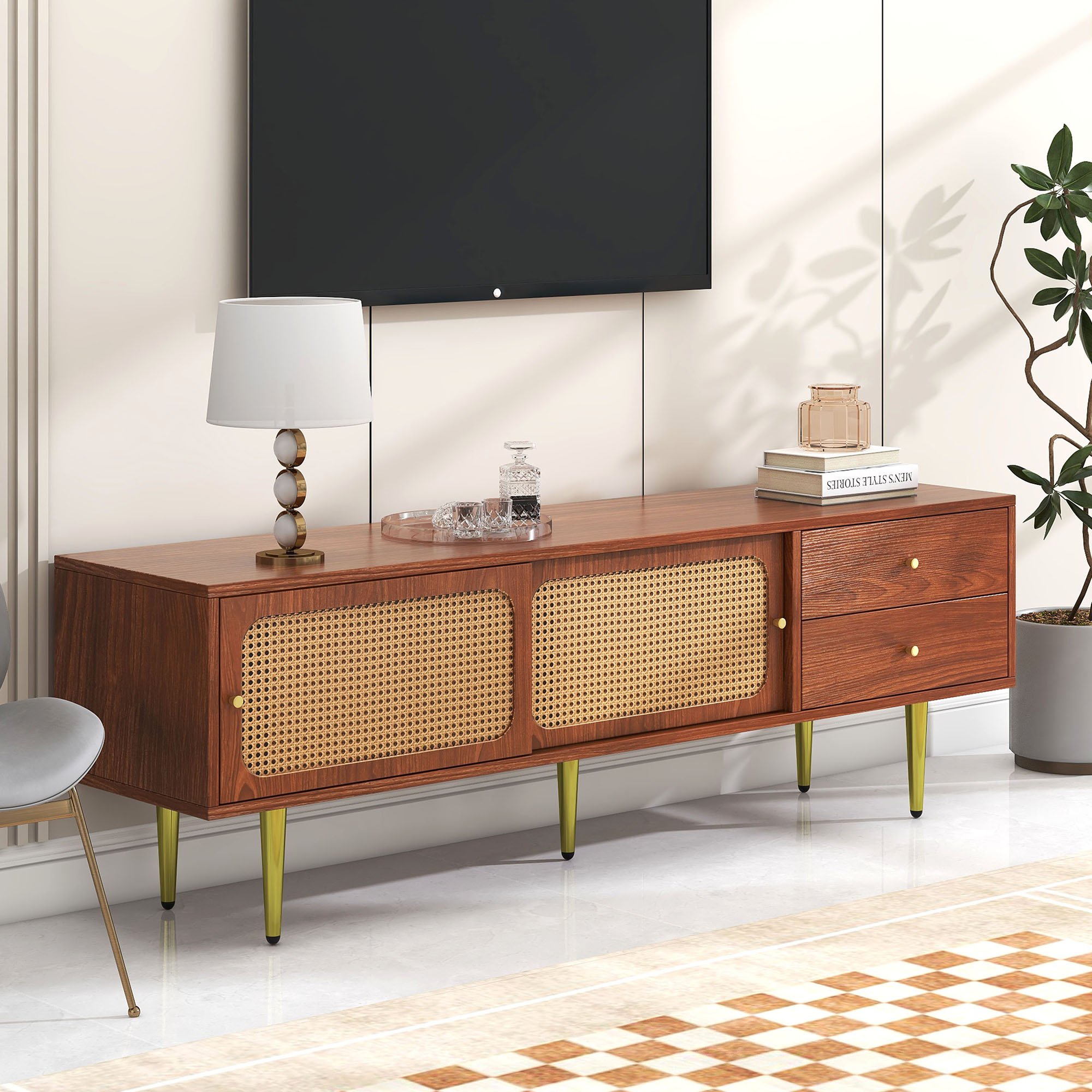 Mobile TV In Stile Rustico Con Ante In Legno Massello E Cassetti In Rattan, Bianco E Legno, 170x39,5x46 Cm