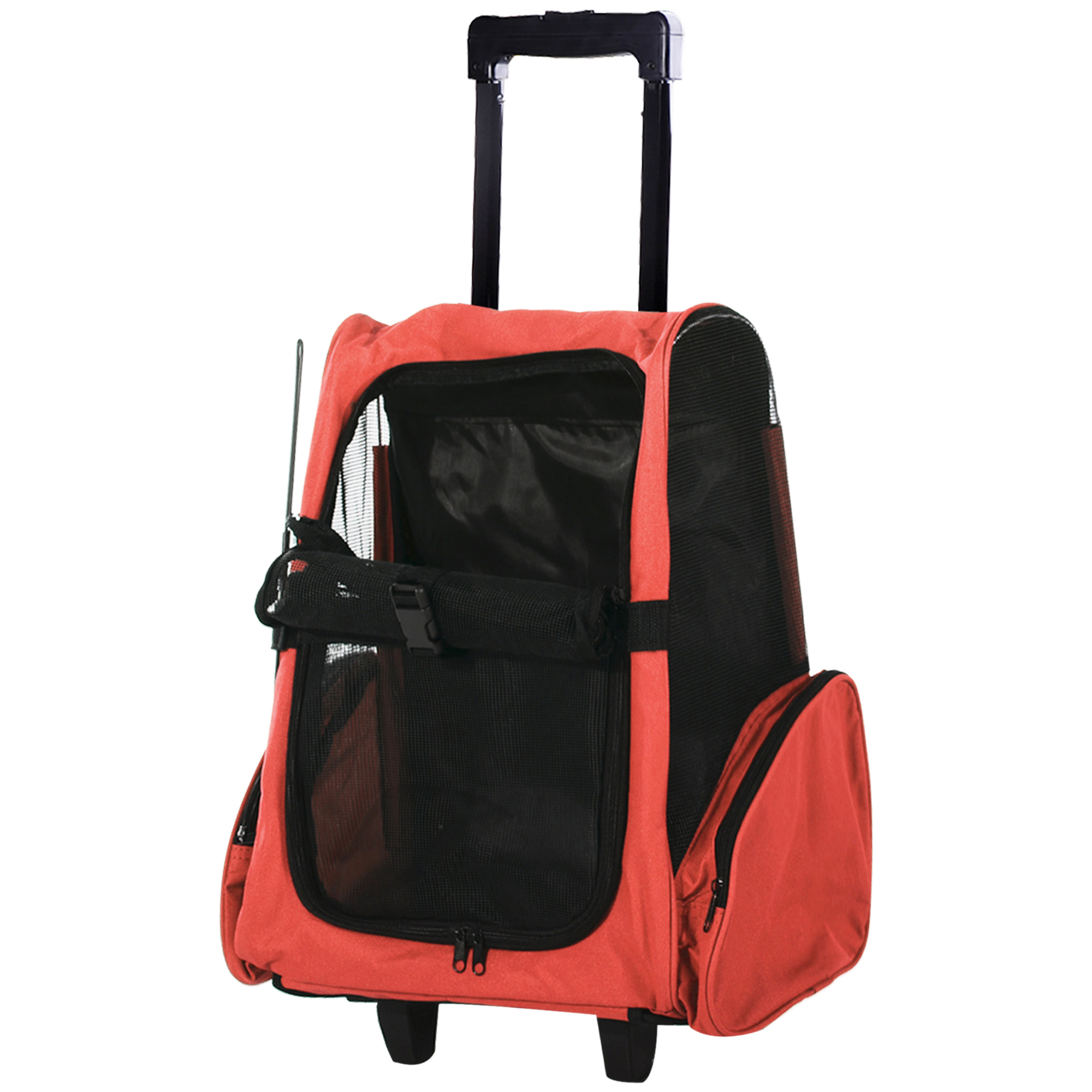 PawHut Trasportino Zaino 2 in 1 per Cani e Gatti con Tasche Laterali, Maniglia Telescopica e Ruote, 42x25x55cm, Rosso Aosom