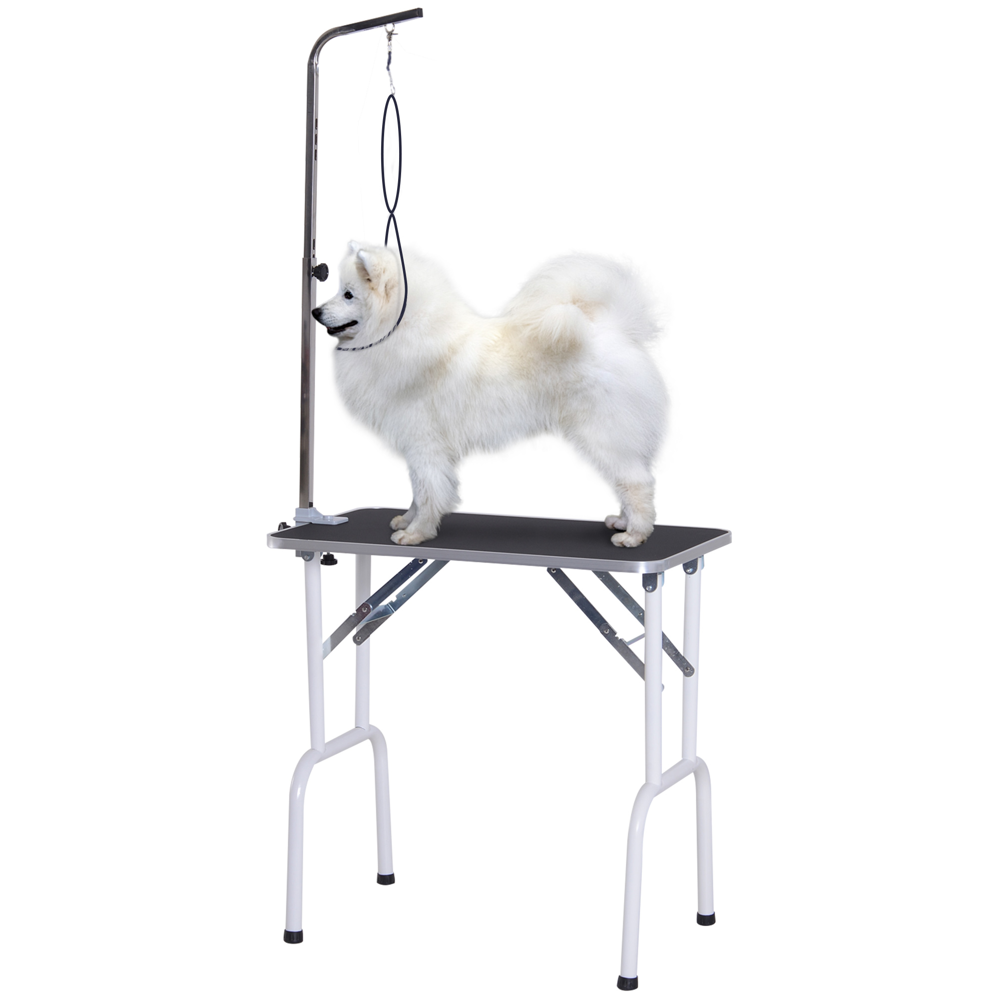 Comparer les prix de PawHut Table de Toilettage Pliante avec Potence pour Chien 81x49x80 cm Charge 30 kg Métal Noir Blanc Argenté
