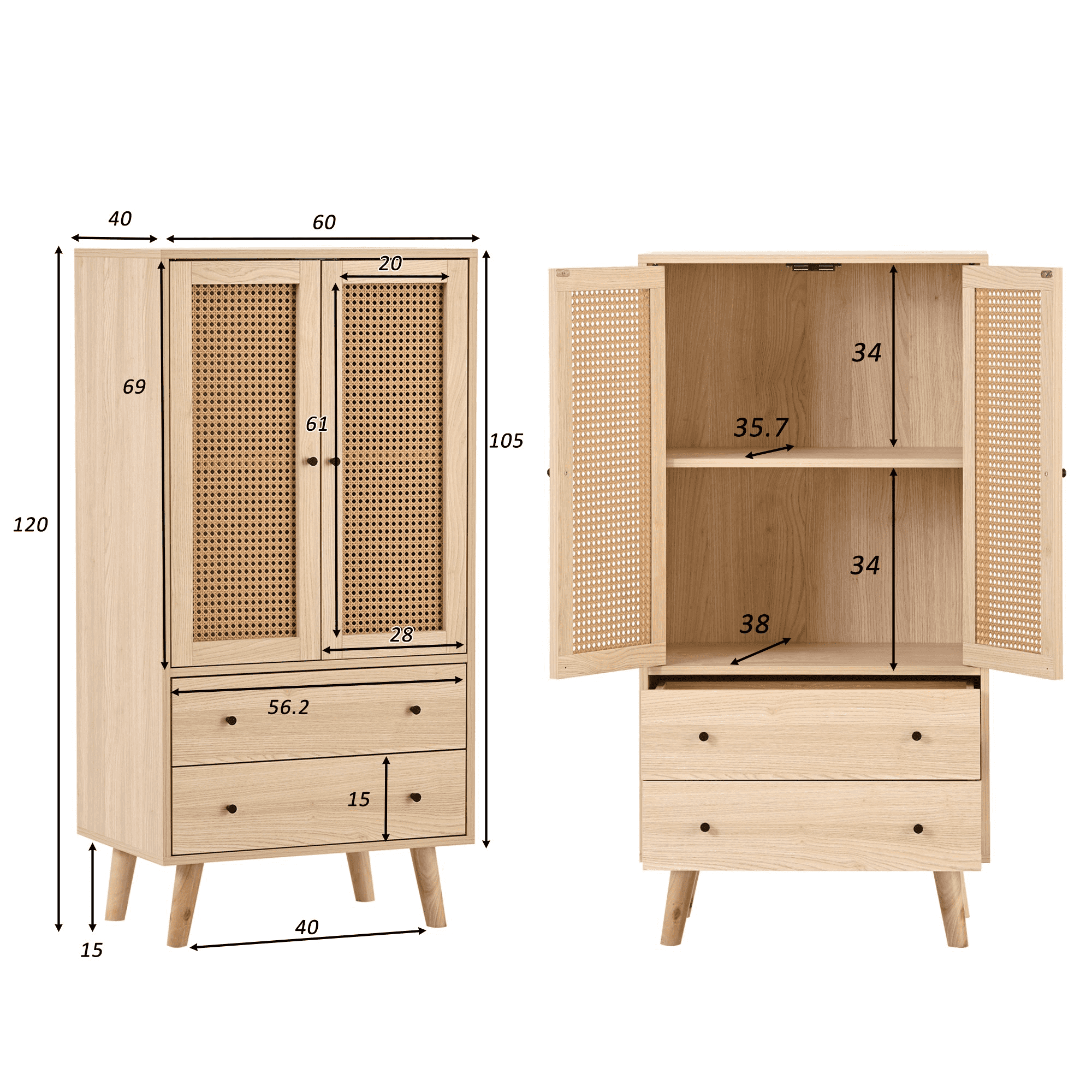 Credenza con 4 ante in rattan - 145 x 40 x 80 cm - Legno MDF e pannelli di particelle - Colore naturale | Leroy Merlin
