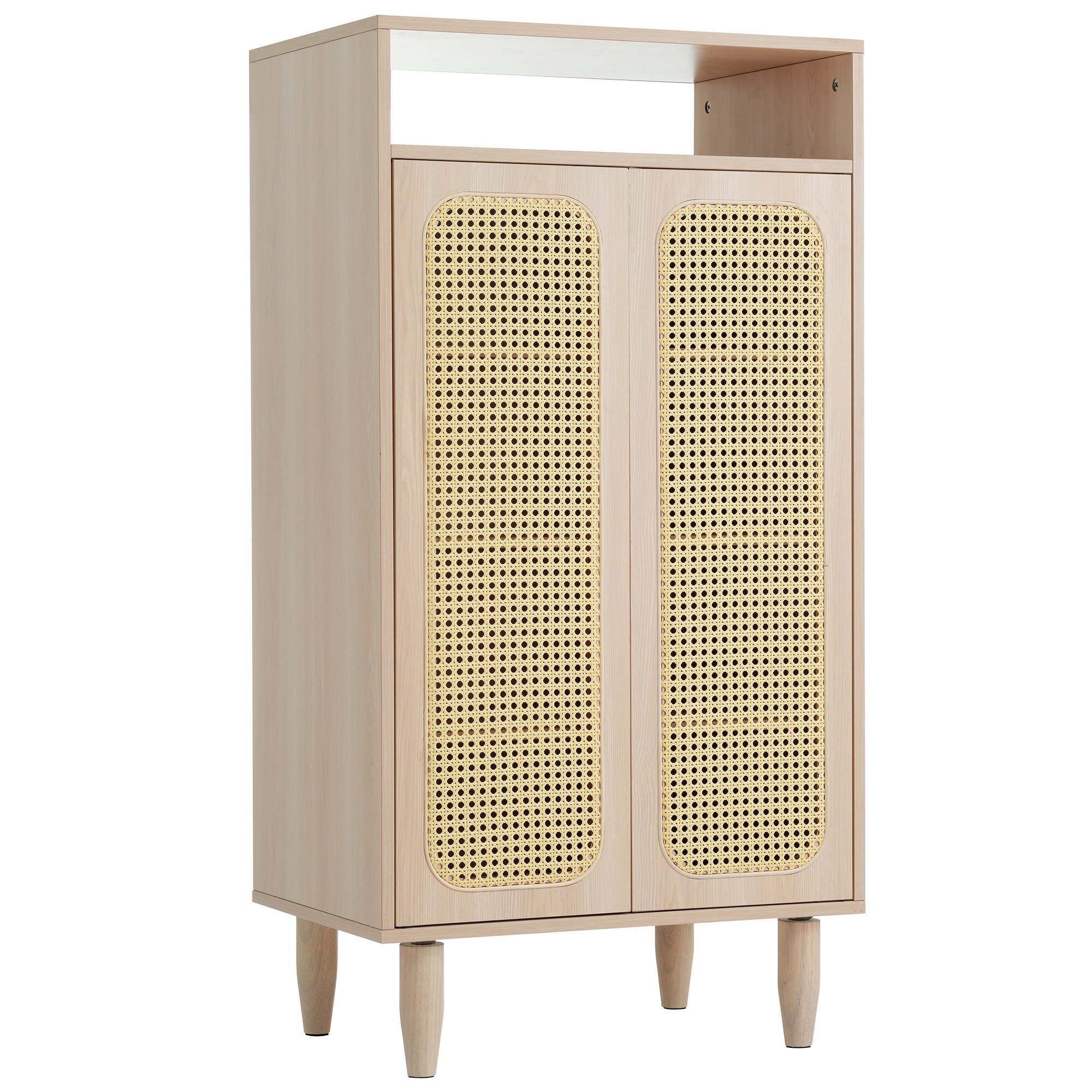 Image of Credenza Alta in Legno con Ante in Rattan Traspiranti e Ripiani Regolabili, color Quercia