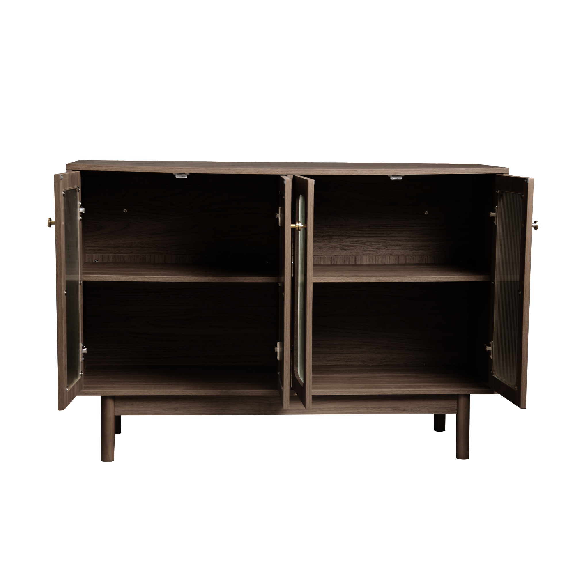 Moimhear Credenza In Truciolato Color Noce Con Vetrina In Vetro 140x40x75,8 Cm - Mobile Angolare Con 4 Cassetti E 2 Ante, Per Soggiorno