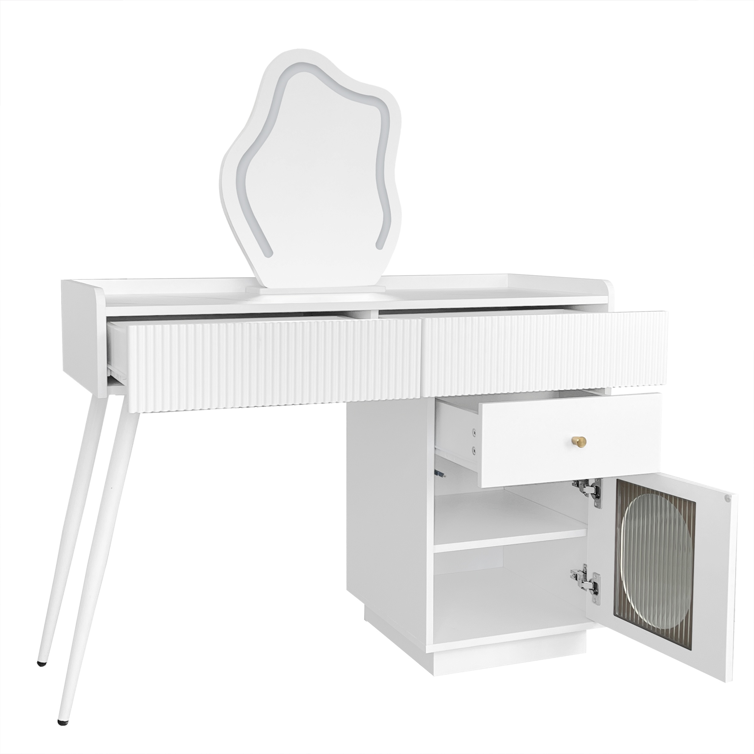 Scrivania Da Trucco Con Specchio E Luci, Set Di Tavolo Da Trucco E Sgabello Con Specchio Scorrevole Bianco